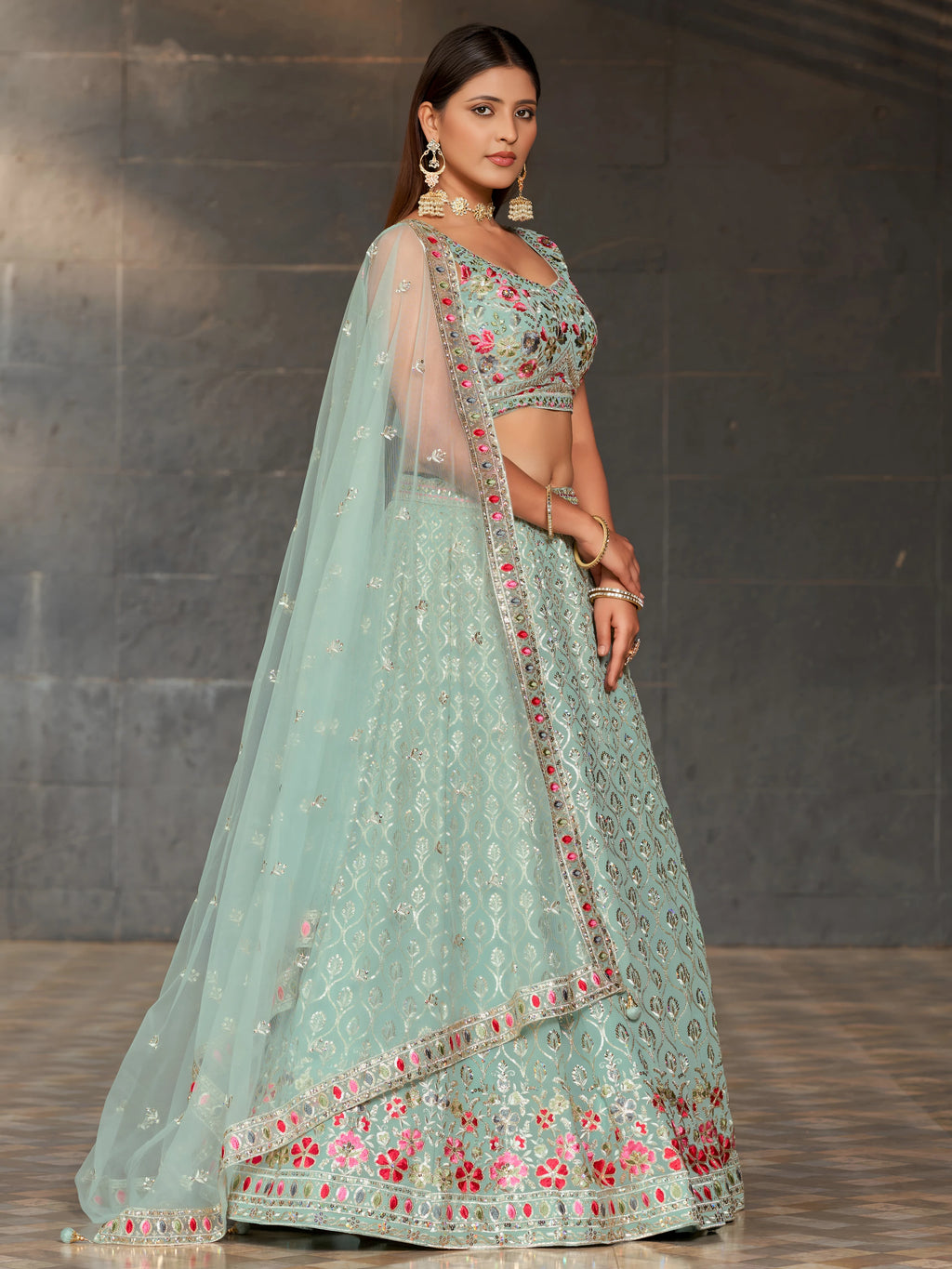 Navya Sky Blue Color Floral Embroidered Lehenga Choli with Dupatta