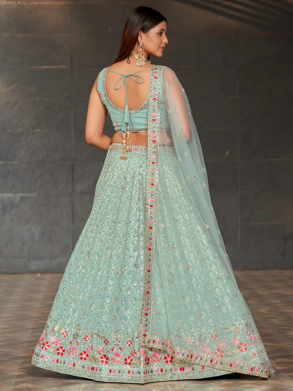 Navya Sky Blue Color Floral Embroidered Lehenga Choli with Dupatta