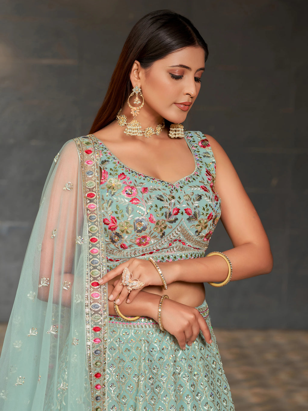 Navya Sky Blue Color Floral Embroidered Lehenga Choli with Dupatta
