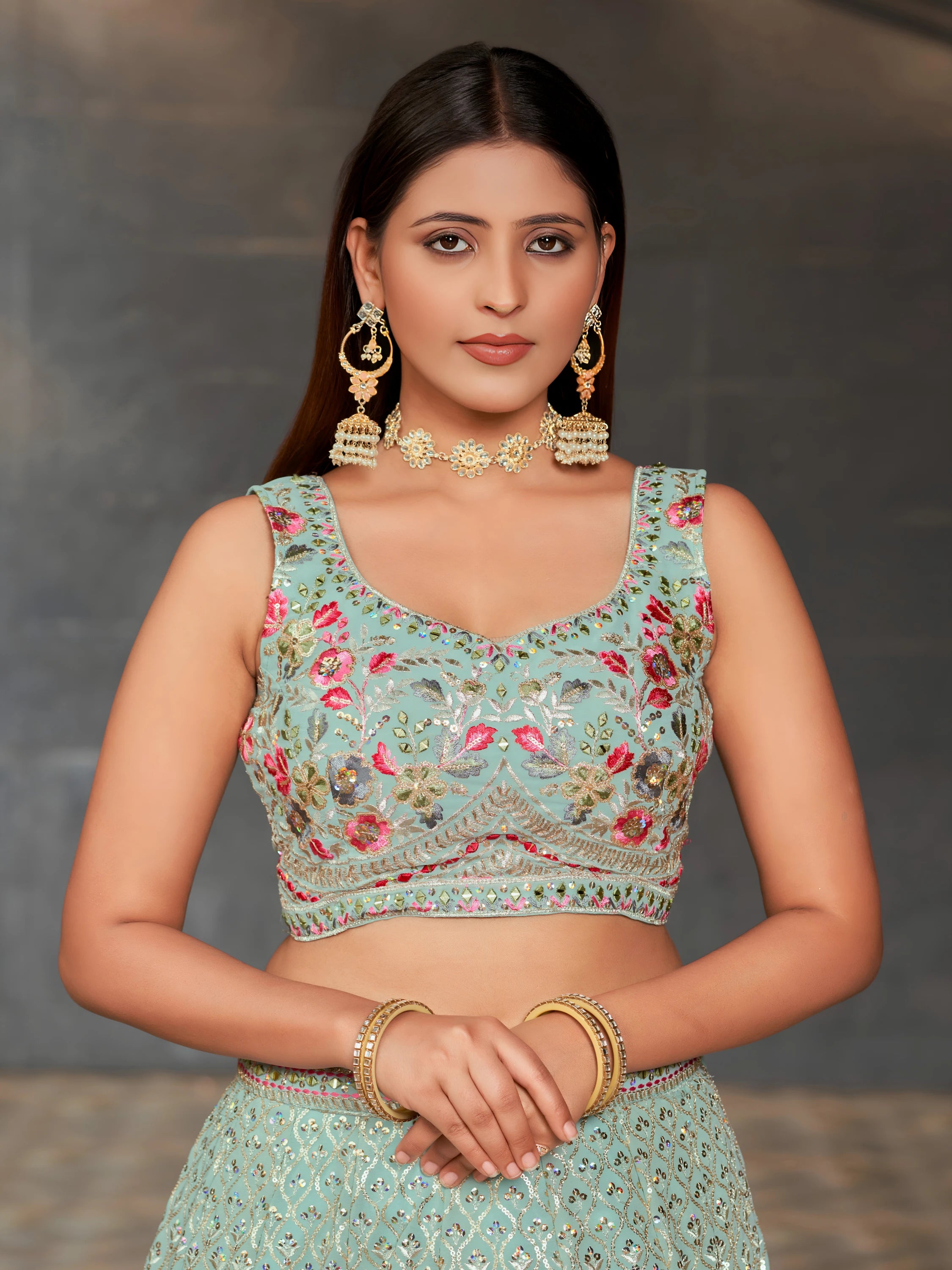 Navya Sky Blue Color Floral Embroidered Lehenga Choli with Dupatta