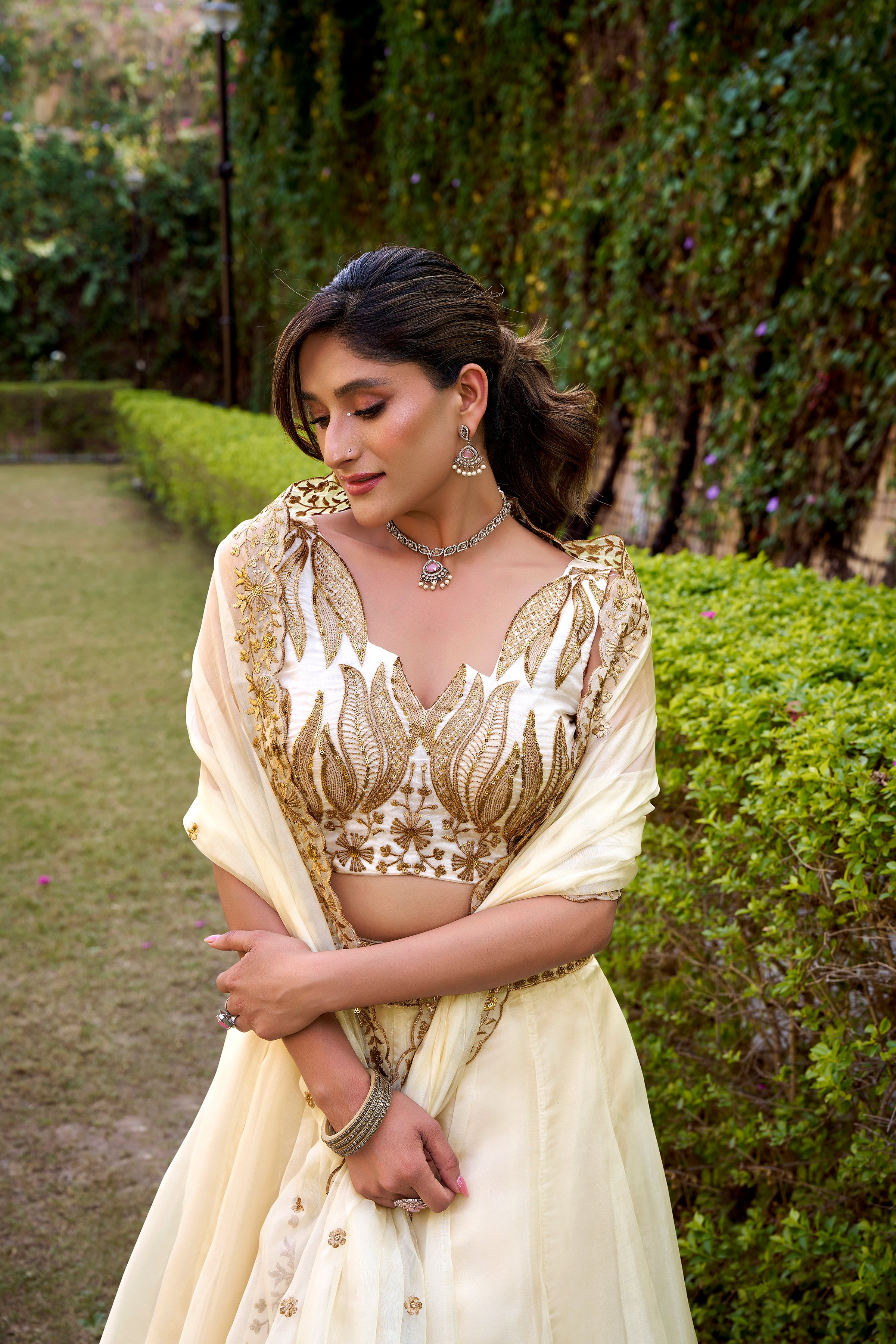 Nayana Off-White Chanda Silk Sequins Thread Embroidery Work Lehenga Choli