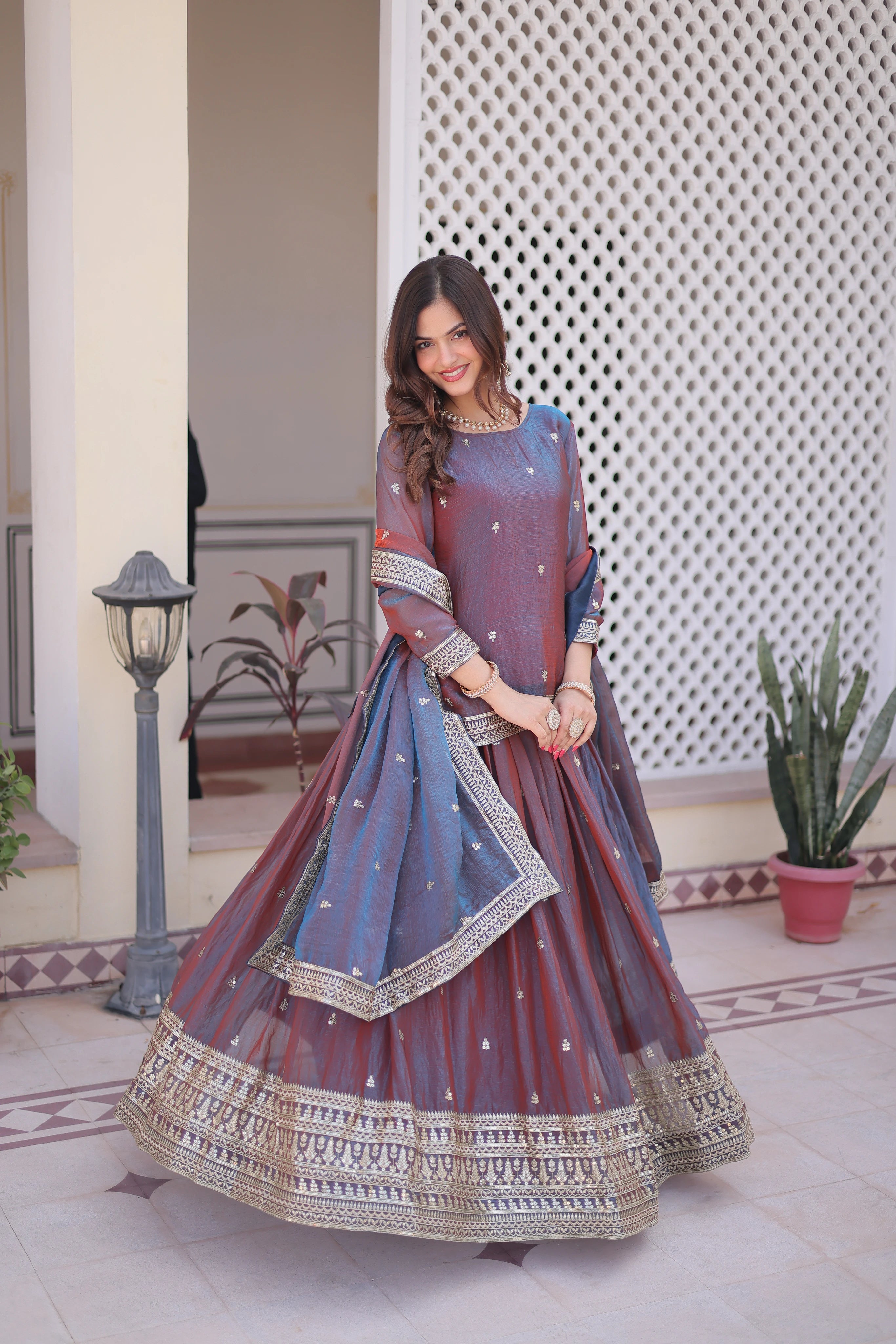 Nevria Purple Mauve Fendi Chiffon Sequins Embroidered Work Lehenga Choli