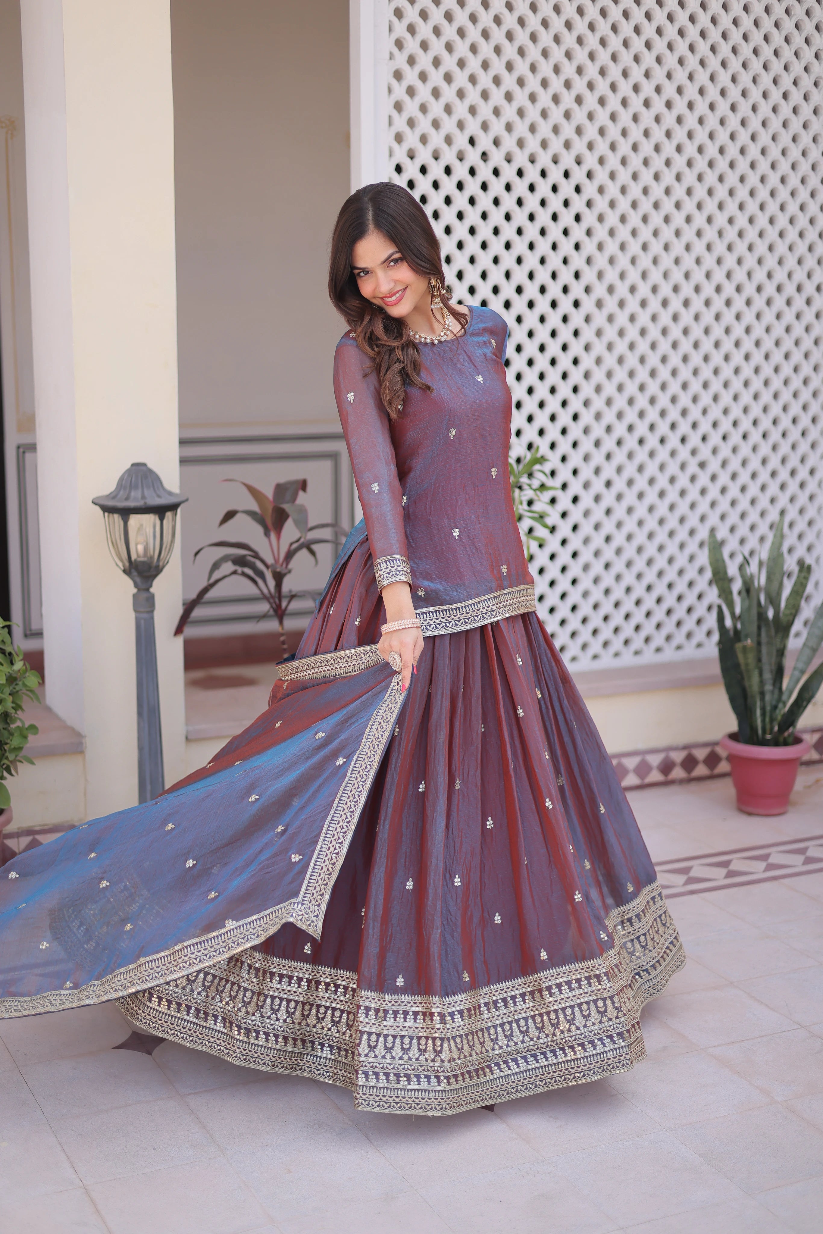 Nevria Purple Mauve Fendi Chiffon Sequins Embroidered Work Lehenga Choli