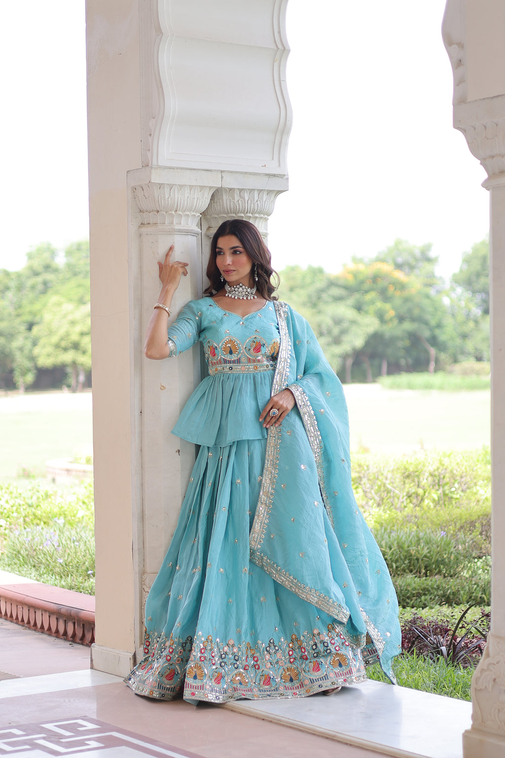 Nimi Sky Blue Gold Crush Embroidery Zari Sequins Work Lehenga Choli