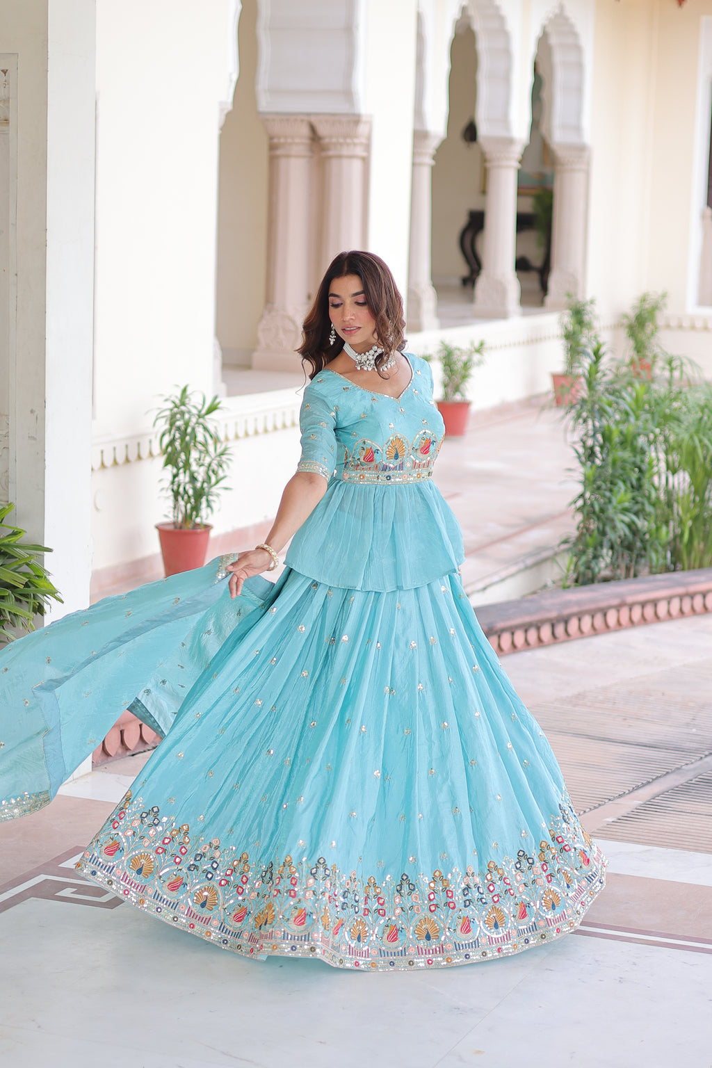 Nimi Sky Blue Gold Crush Embroidery Zari Sequins Work Lehenga Choli