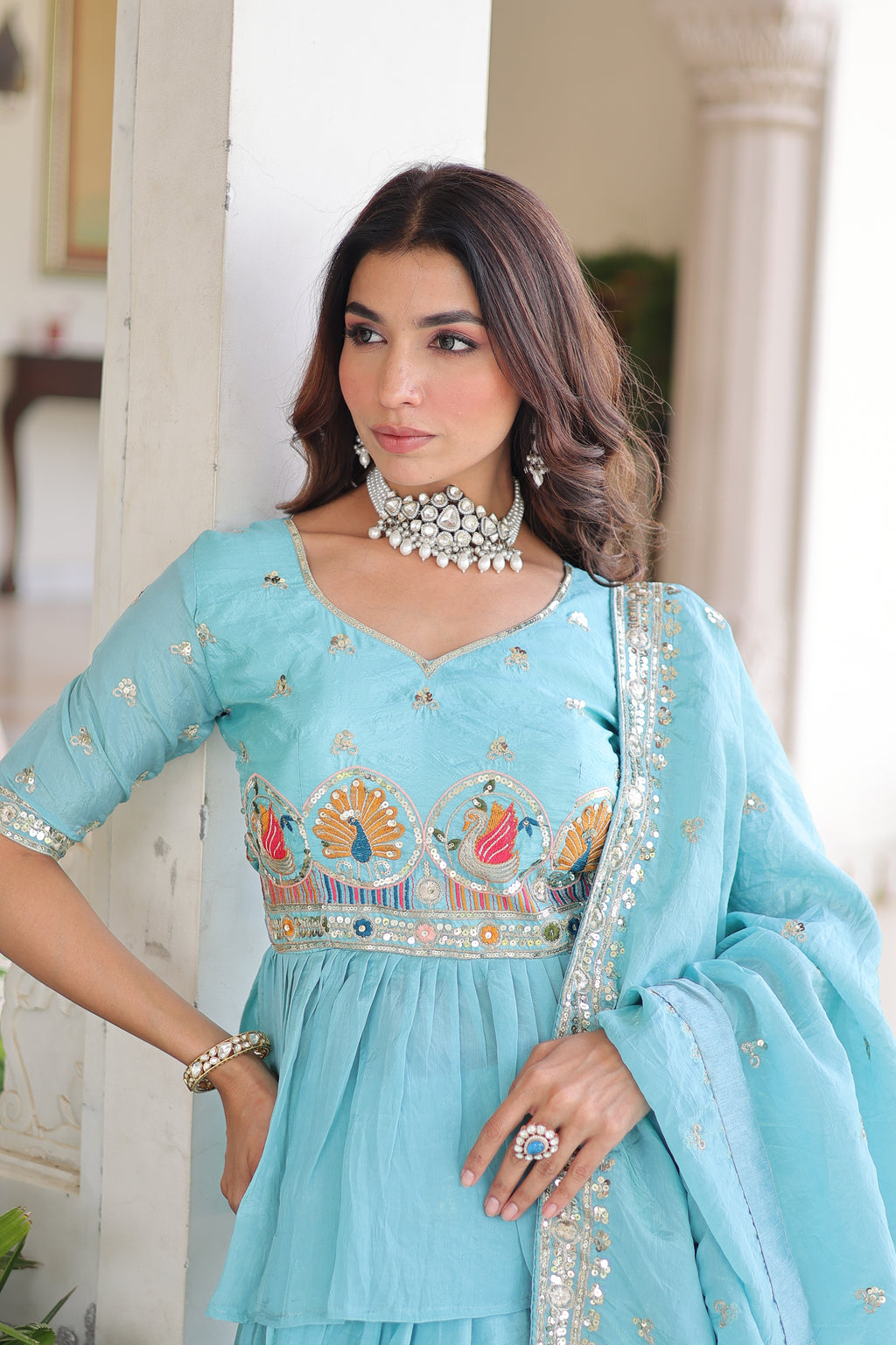 Nimi Sky Blue Gold Crush Embroidery Zari Sequins Work Lehenga Choli