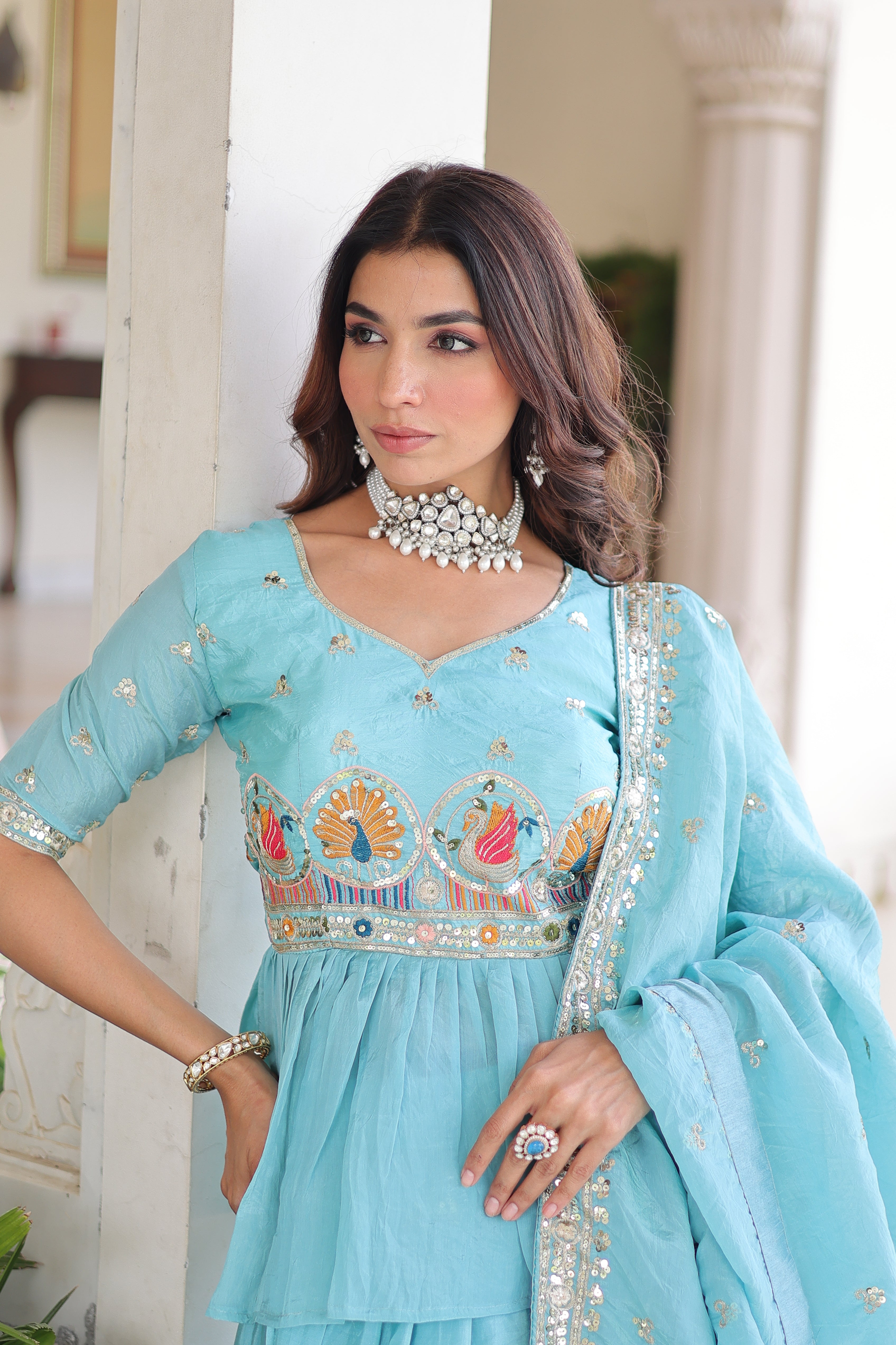 Nimi Sky Blue Gold Crush Embroidery Zari Sequins Work Lehenga Choli