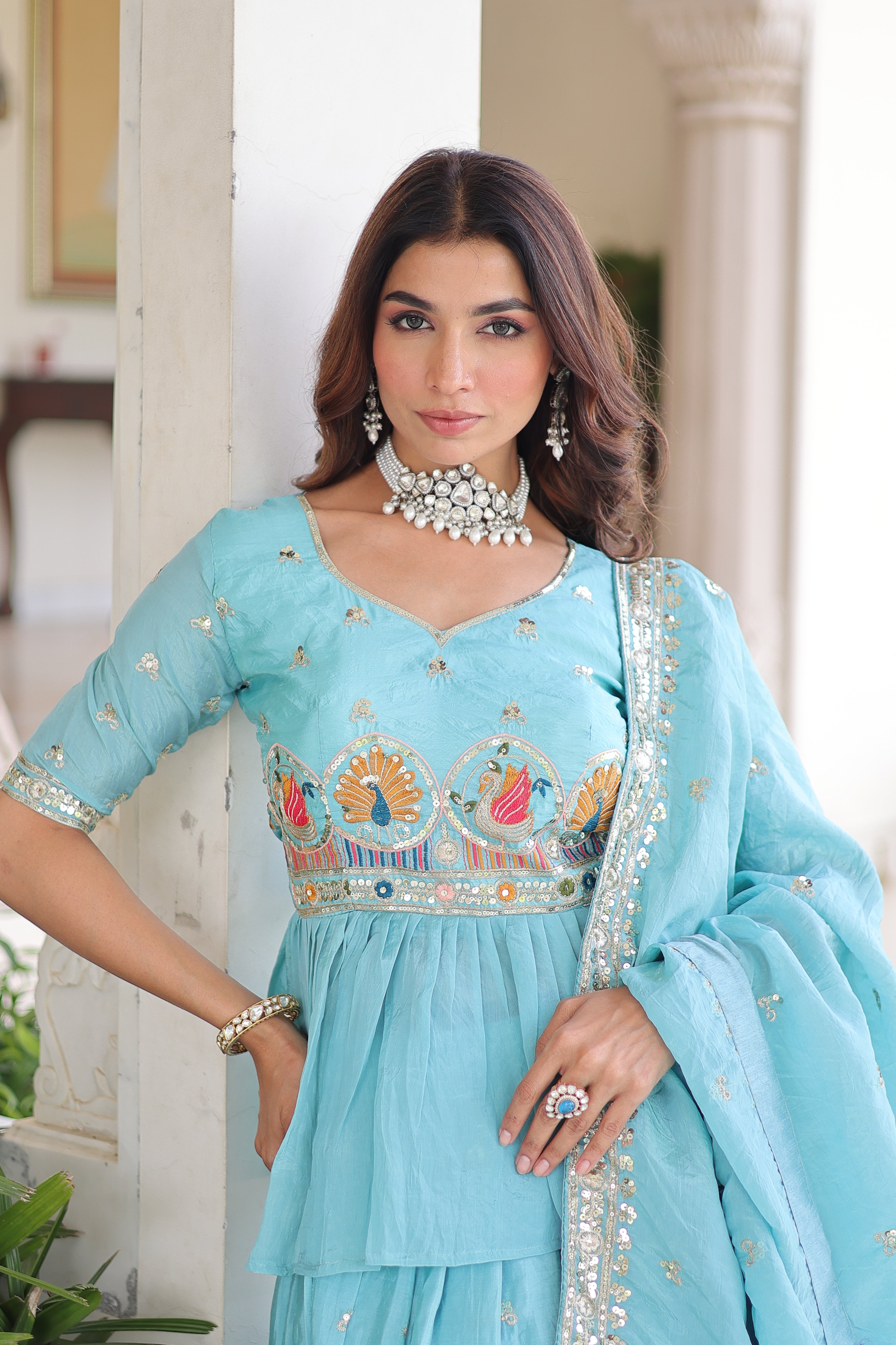 Nimi Sky Blue Gold Crush Embroidery Zari Sequins Work Lehenga Choli