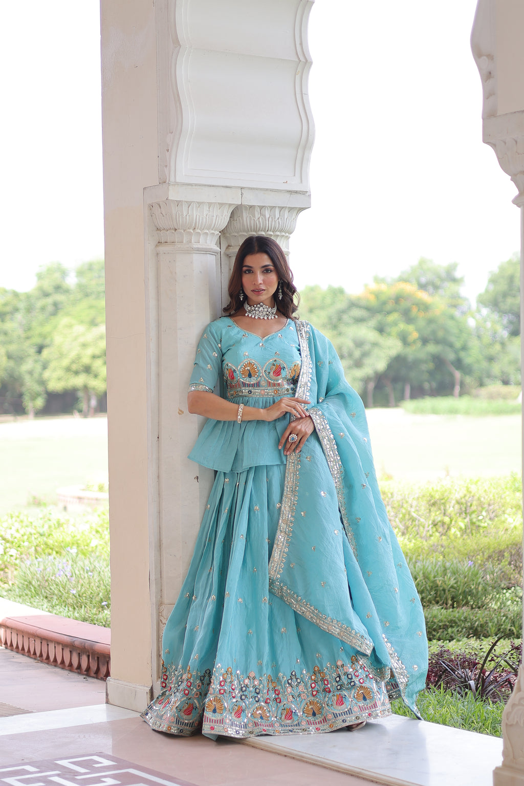 Nimi Sky Blue Gold Crush Embroidery Zari Sequins Work Lehenga Choli