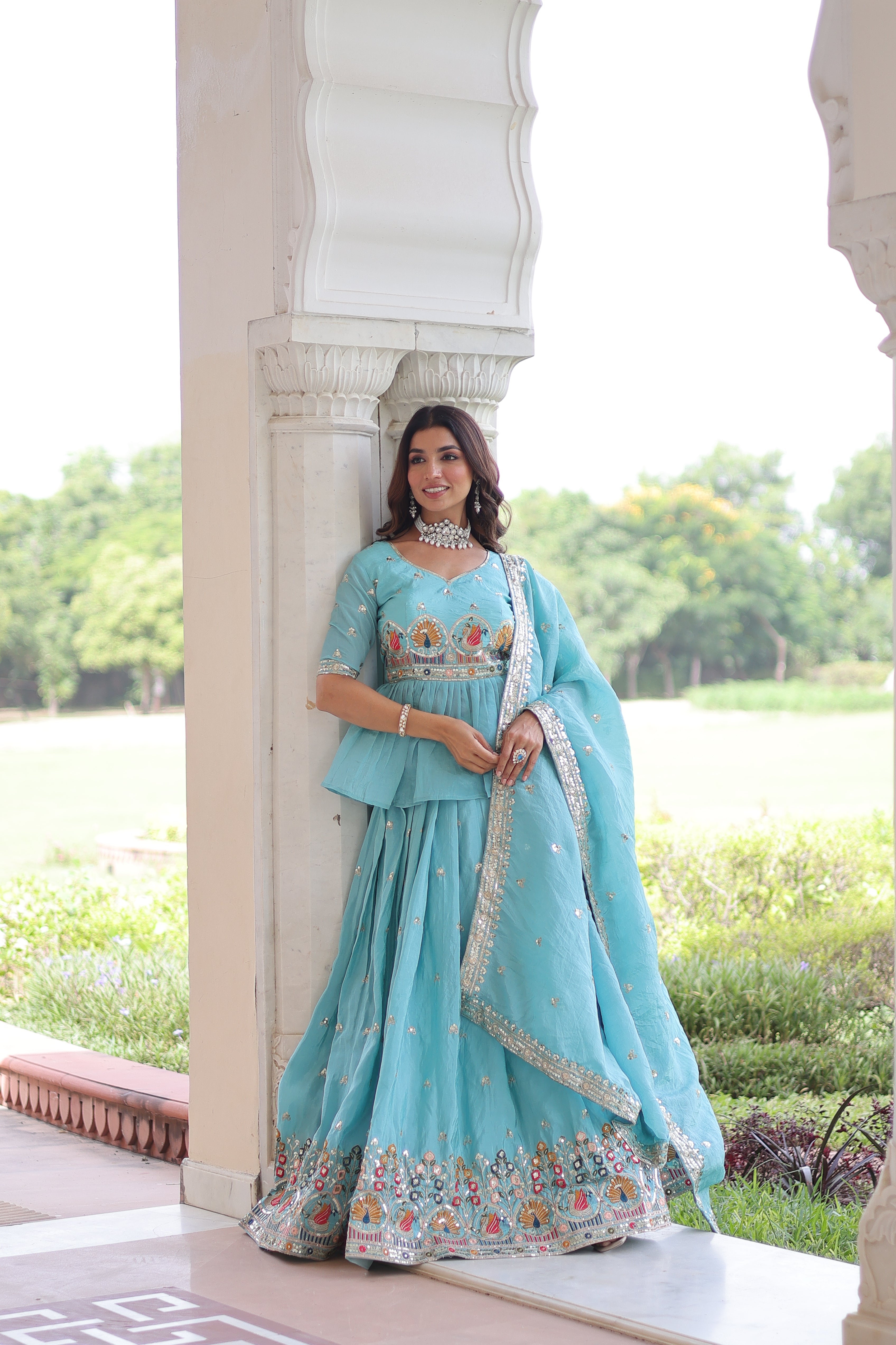 Nimi Sky Blue Gold Crush Embroidery Zari Sequins Work Lehenga Choli