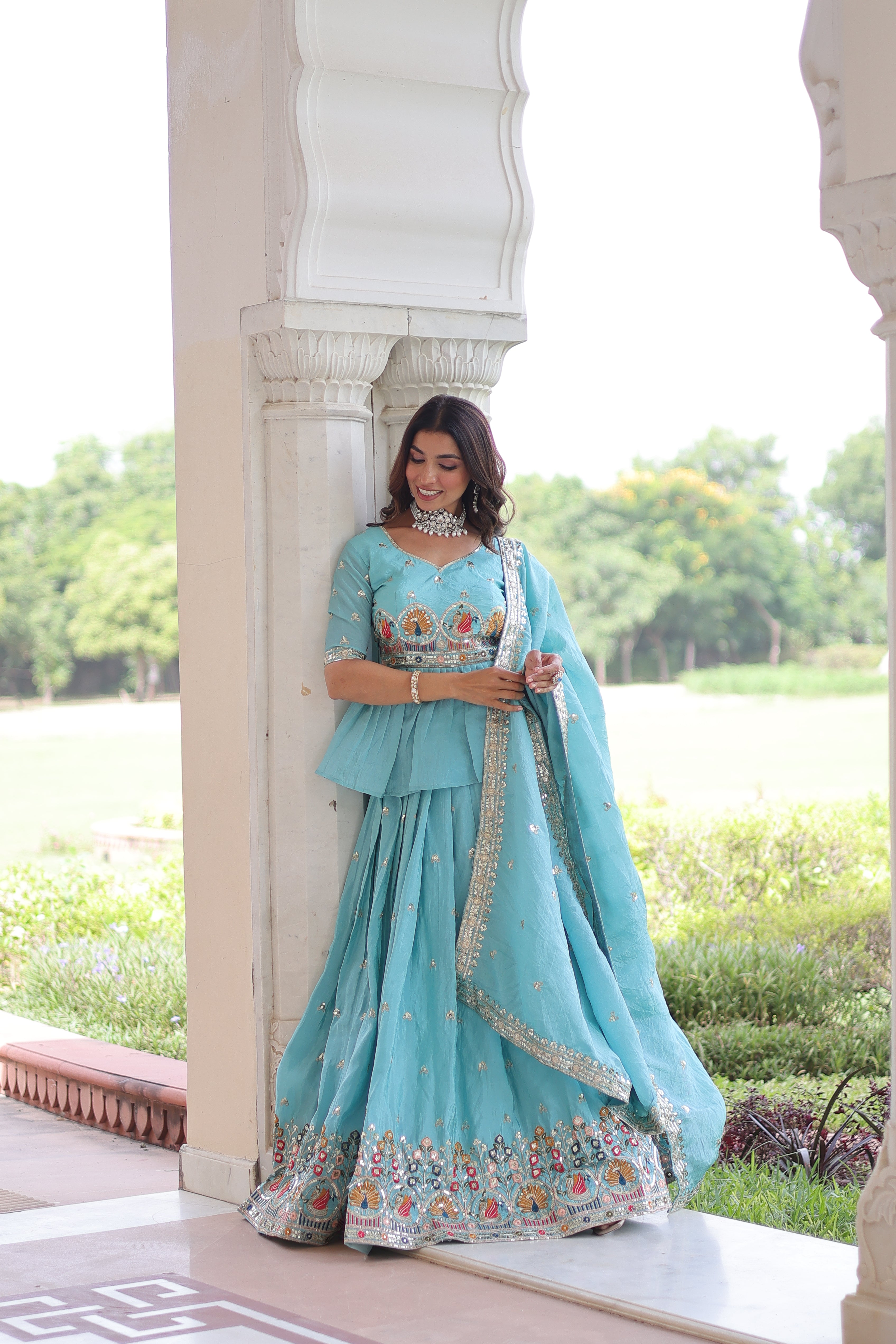 Nimi Sky Blue Gold Crush Embroidery Zari Sequins Work Lehenga Choli