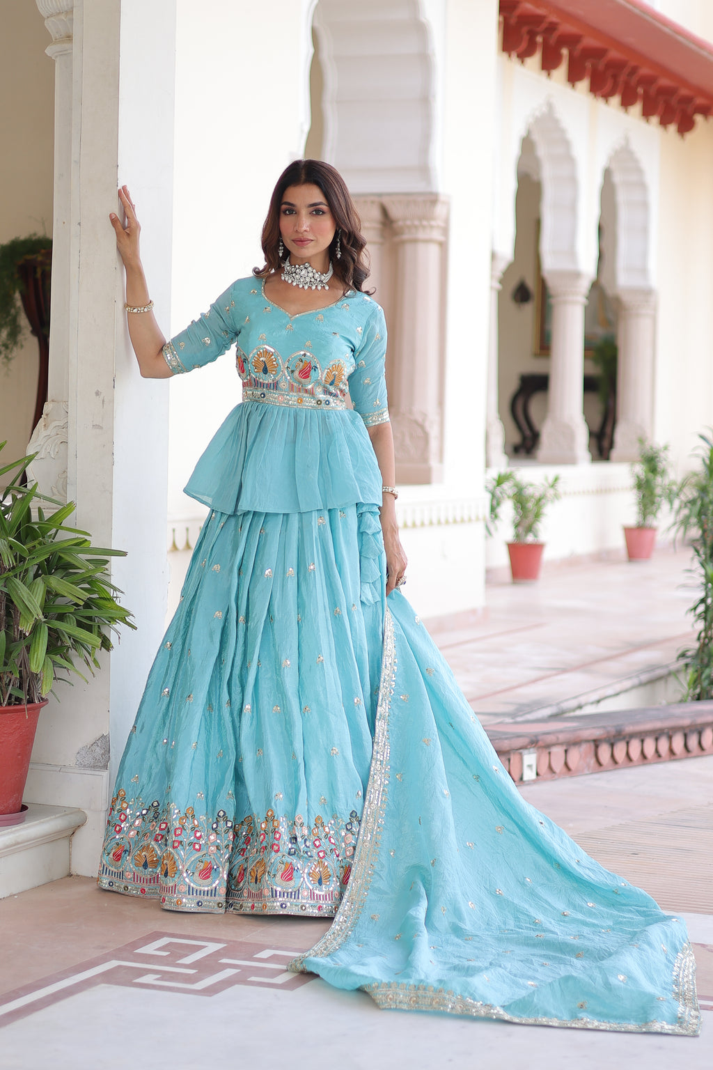 Nimi Sky Blue Gold Crush Embroidery Zari Sequins Work Lehenga Choli