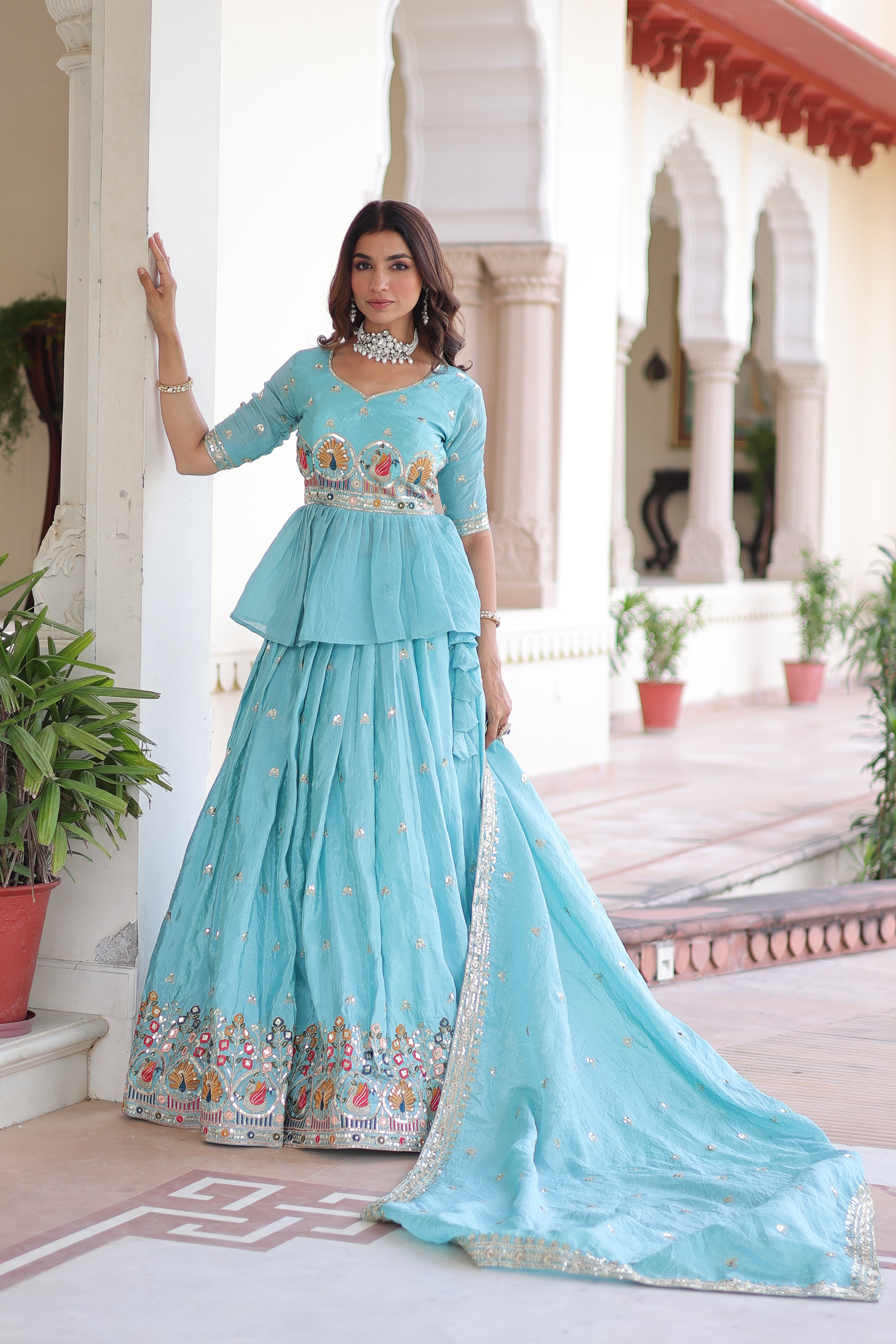 Nimi Sky Blue Gold Crush Embroidery Zari Sequins Work Lehenga Choli