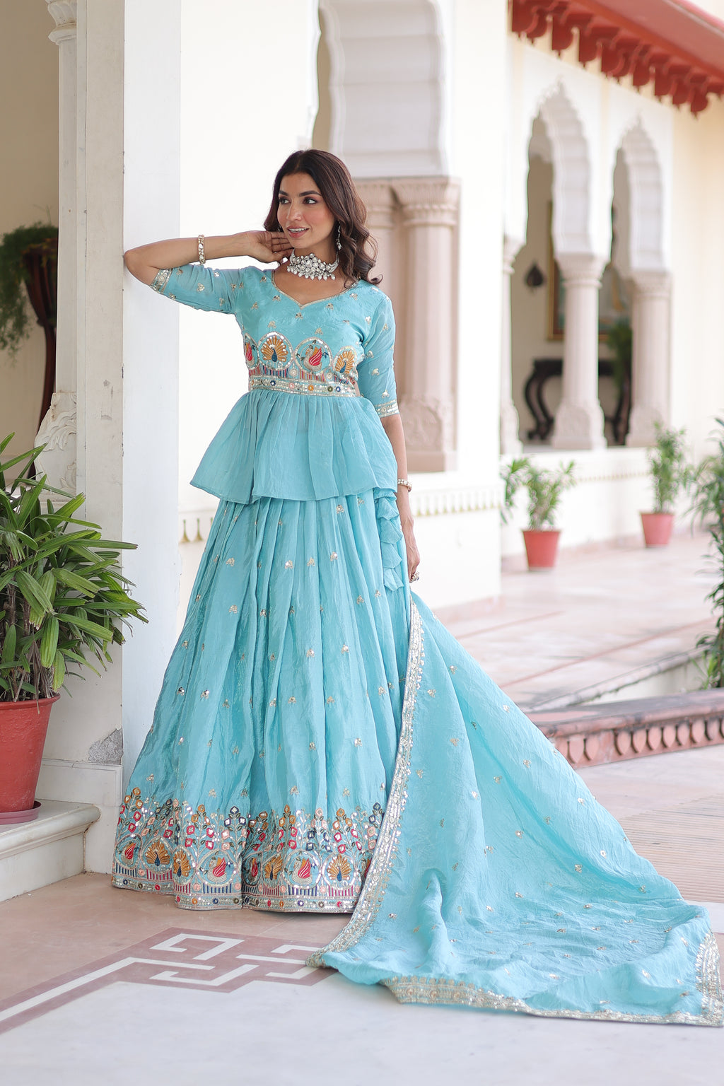 Nimi Sky Blue Gold Crush Embroidery Zari Sequins Work Lehenga Choli