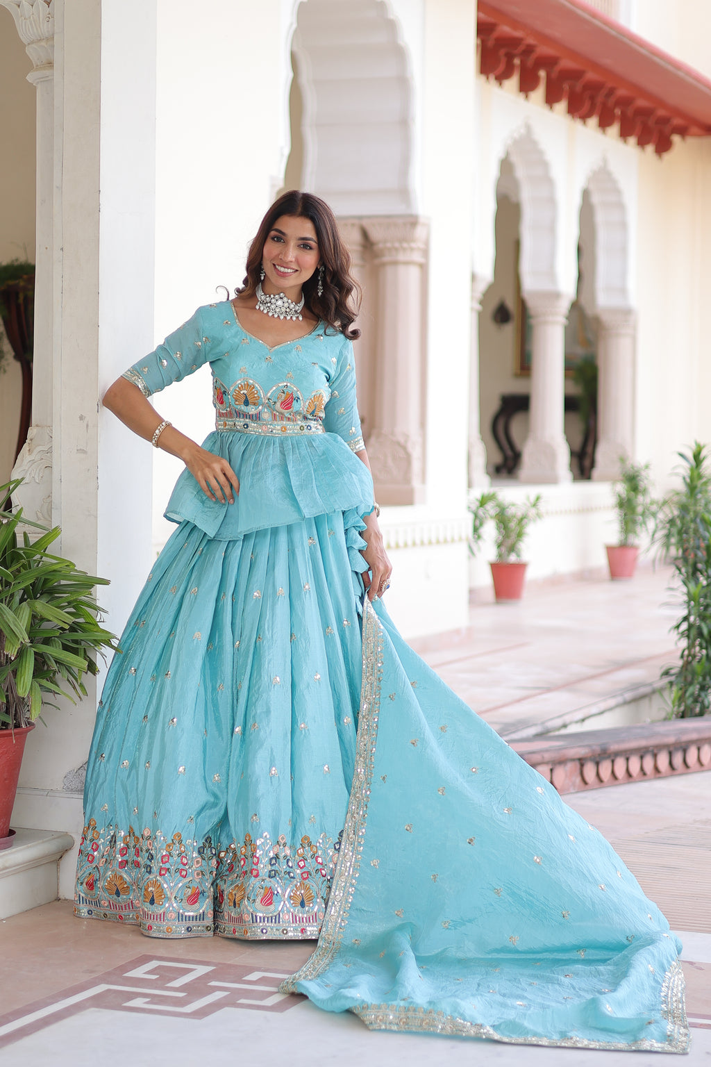 Nimi Sky Blue Gold Crush Embroidery Zari Sequins Work Lehenga Choli