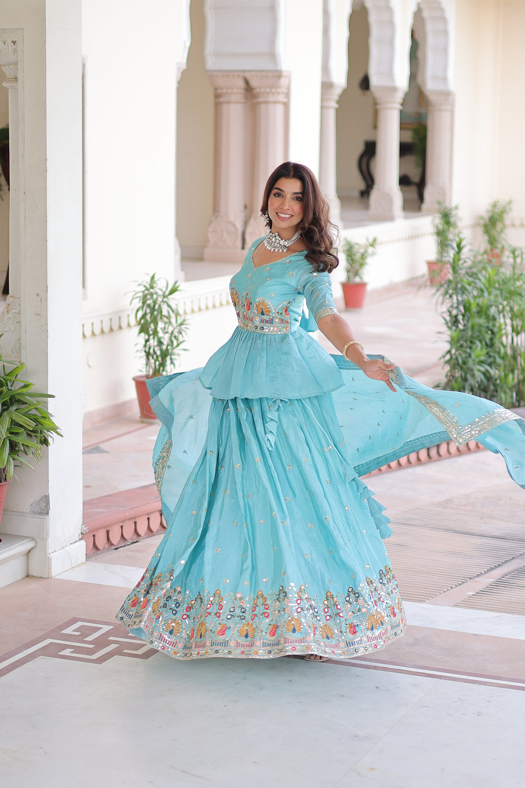 Nimi Sky Blue Gold Crush Embroidery Zari Sequins Work Lehenga Choli