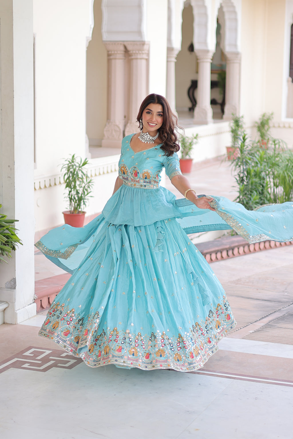 Nimi Sky Blue Gold Crush Embroidery Zari Sequins Work Lehenga Choli