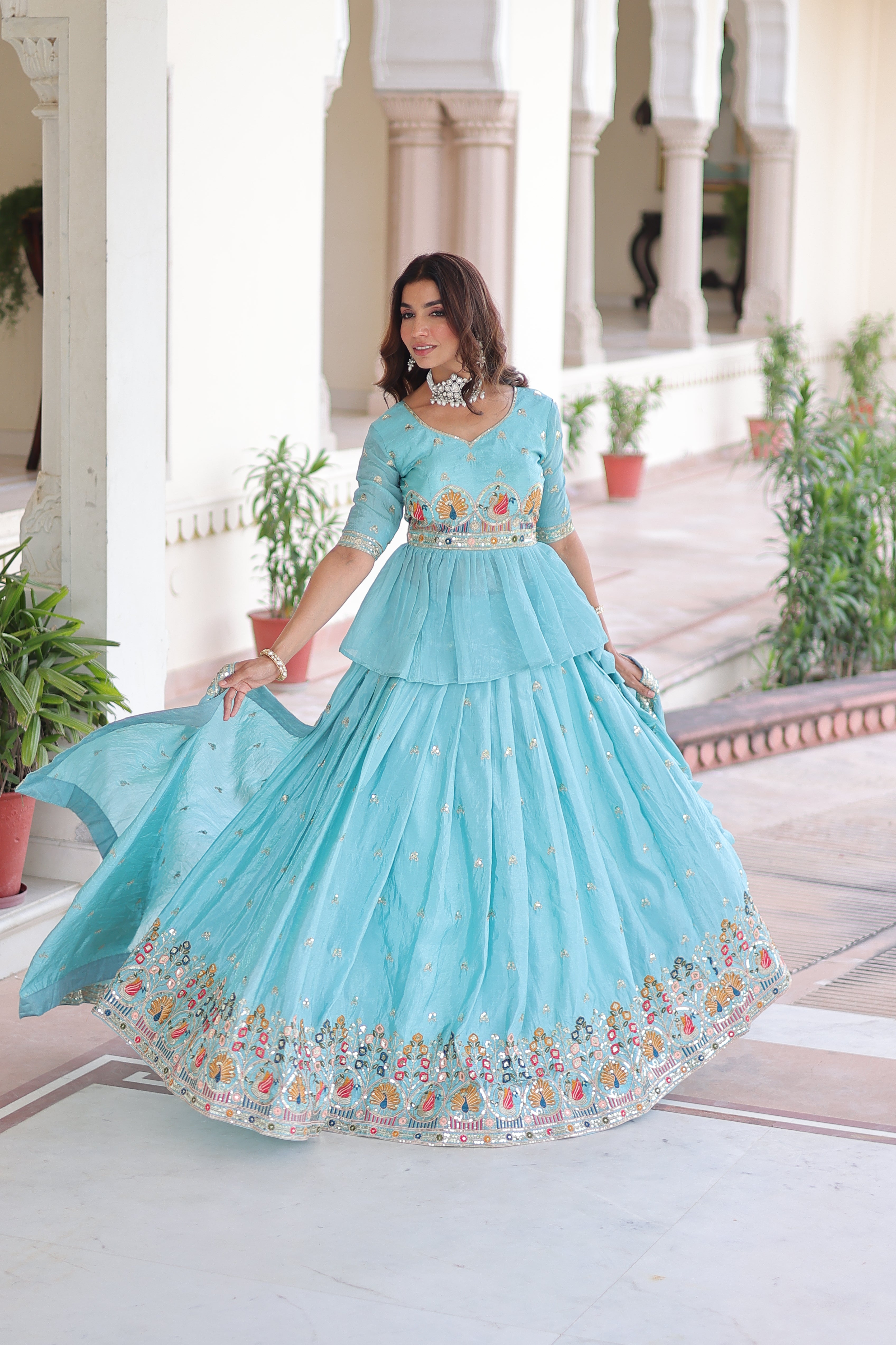 Nimi Sky Blue Gold Crush Embroidery Zari Sequins Work Lehenga Choli