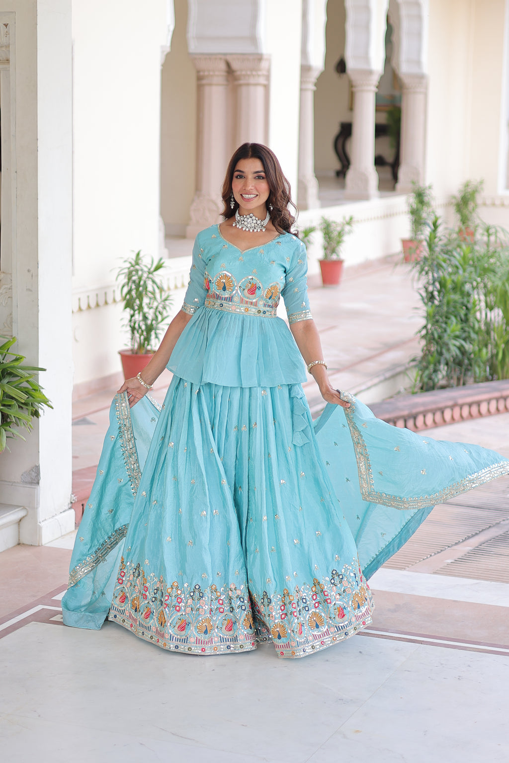 Nimi Sky Blue Gold Crush Embroidery Zari Sequins Work Lehenga Choli
