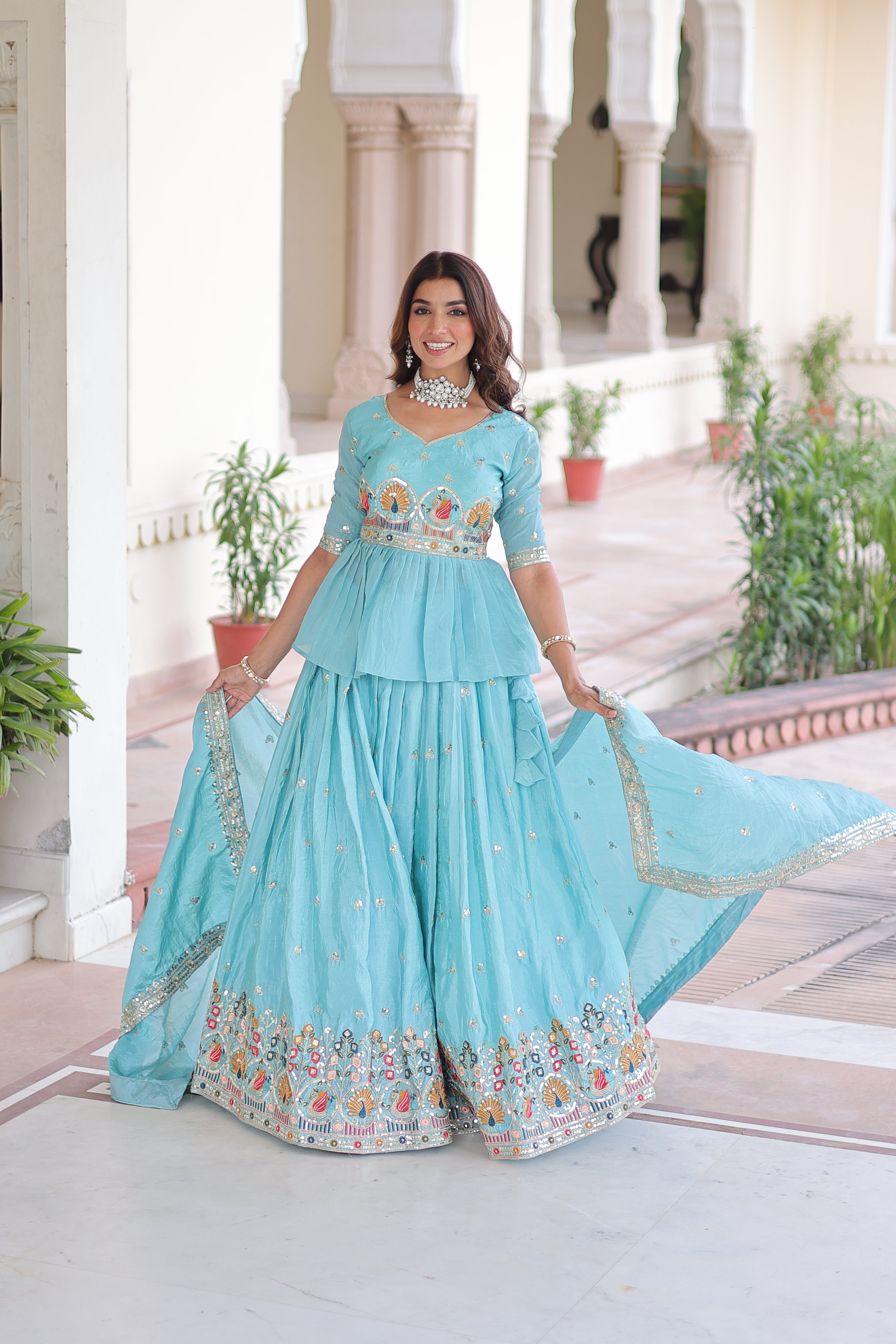 Nimi Sky Blue Gold Crush Embroidery Zari Sequins Work Lehenga Choli