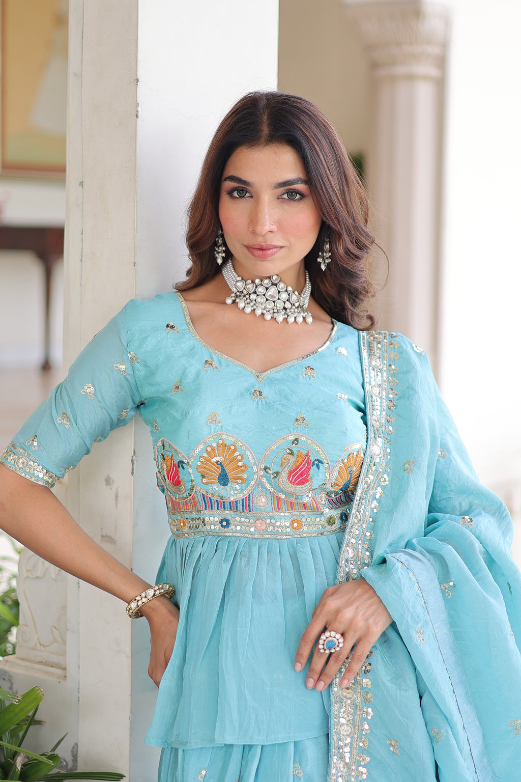 Nimi Sky Blue Gold Crush Embroidery Zari Sequins Work Lehenga Choli