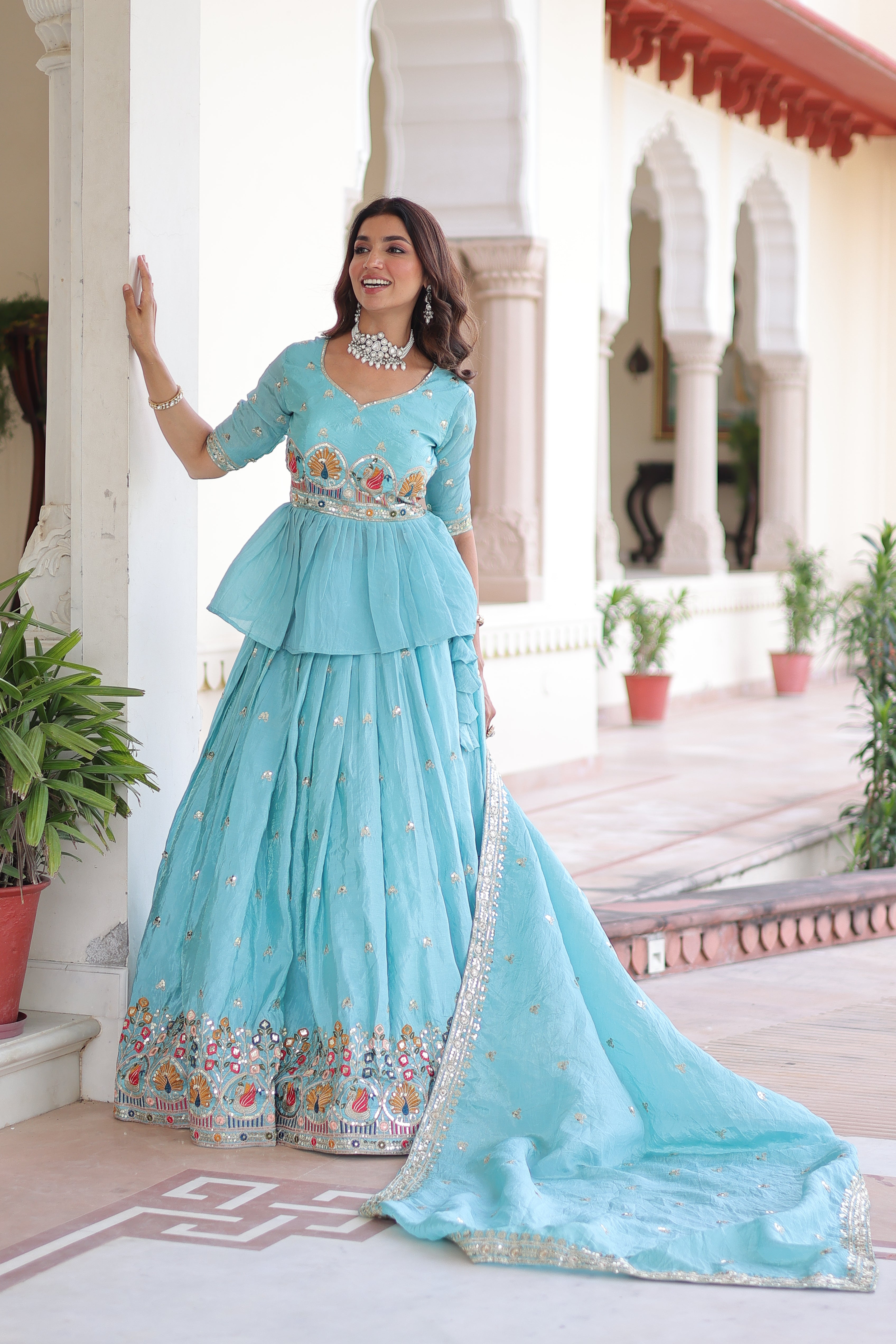 Nimi Sky Blue Gold Crush Embroidery Zari Sequins Work Lehenga Choli