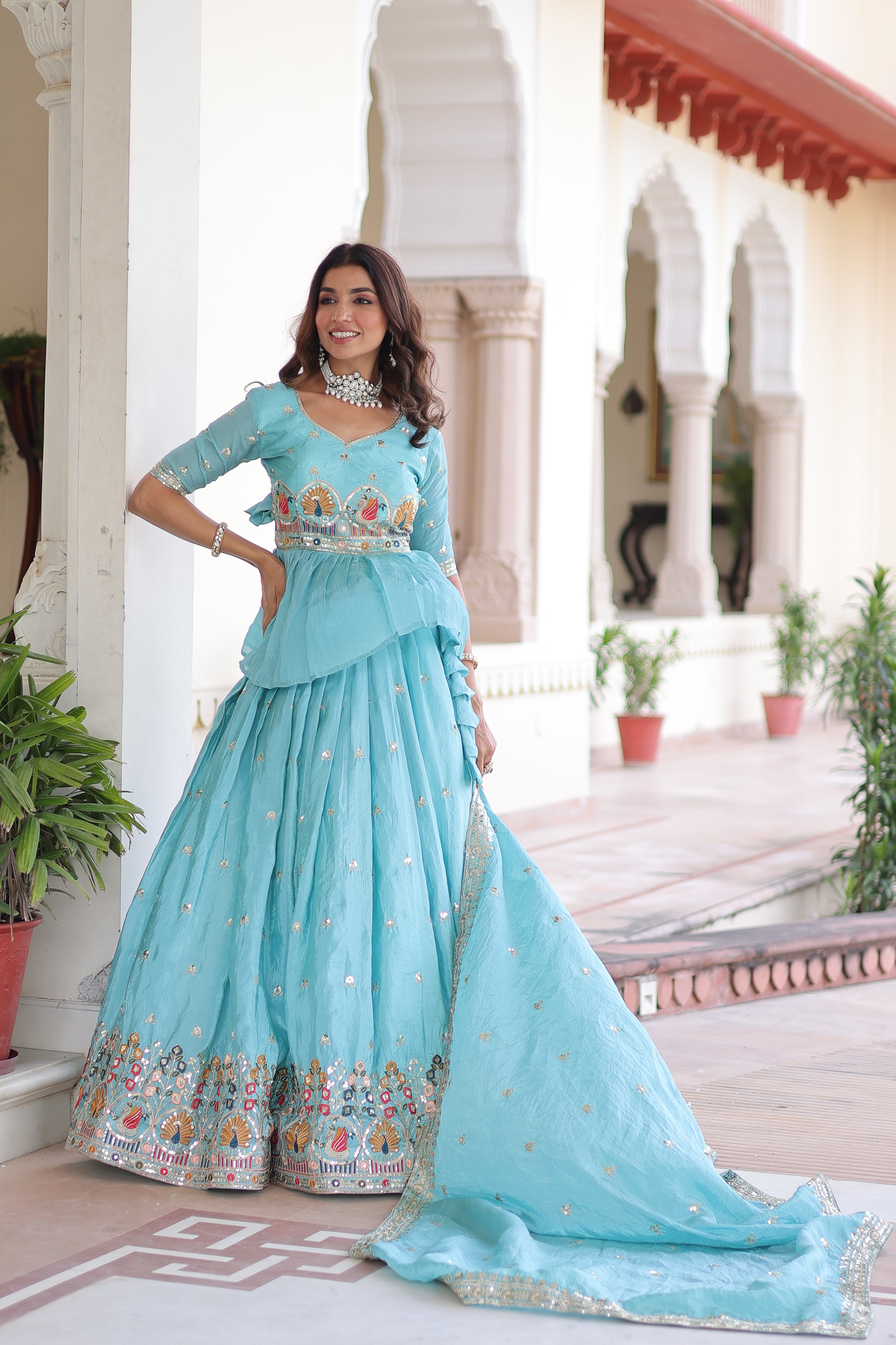 Nimi Sky Blue Gold Crush Embroidery Zari Sequins Work Lehenga Choli