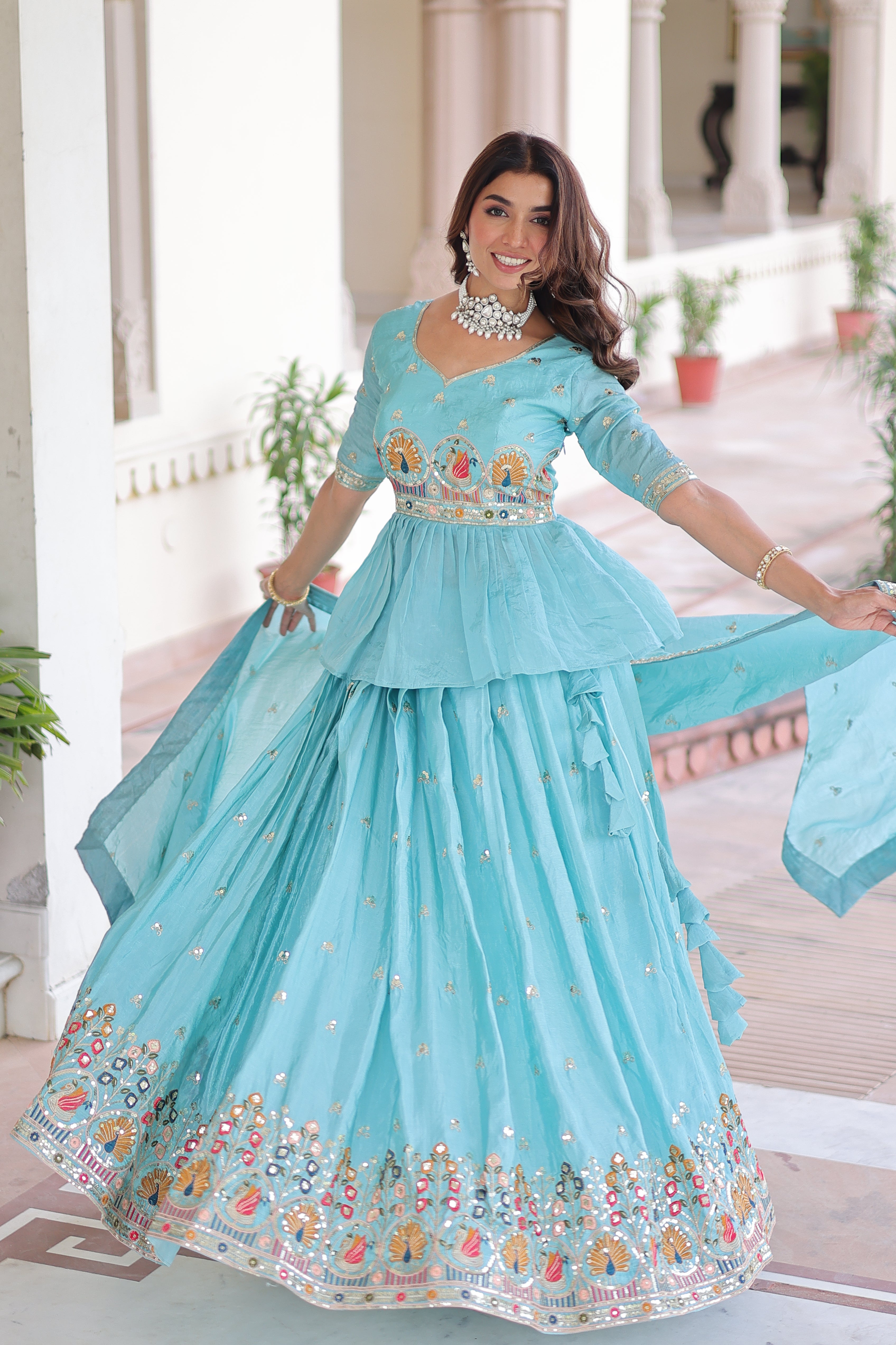 Nimi Sky Blue Gold Crush Embroidery Zari Sequins Work Lehenga Choli