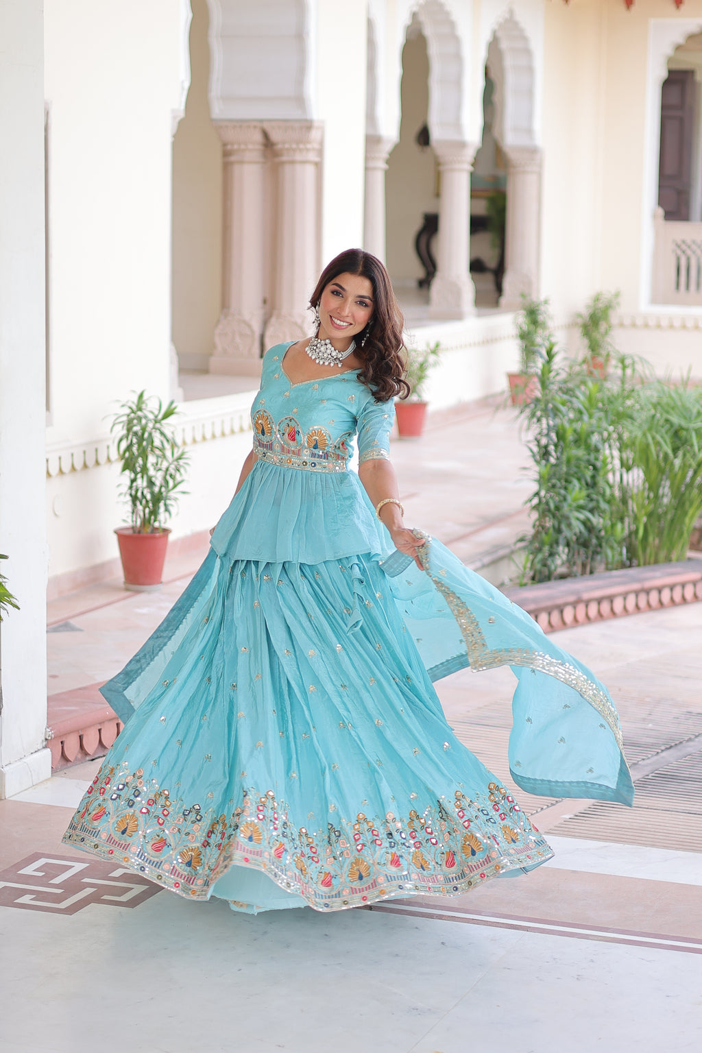 Nimi Sky Blue Gold Crush Embroidery Zari Sequins Work Lehenga Choli