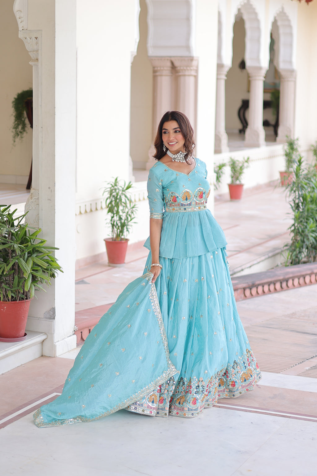 Nimi Sky Blue Gold Crush Embroidery Zari Sequins Work Lehenga Choli