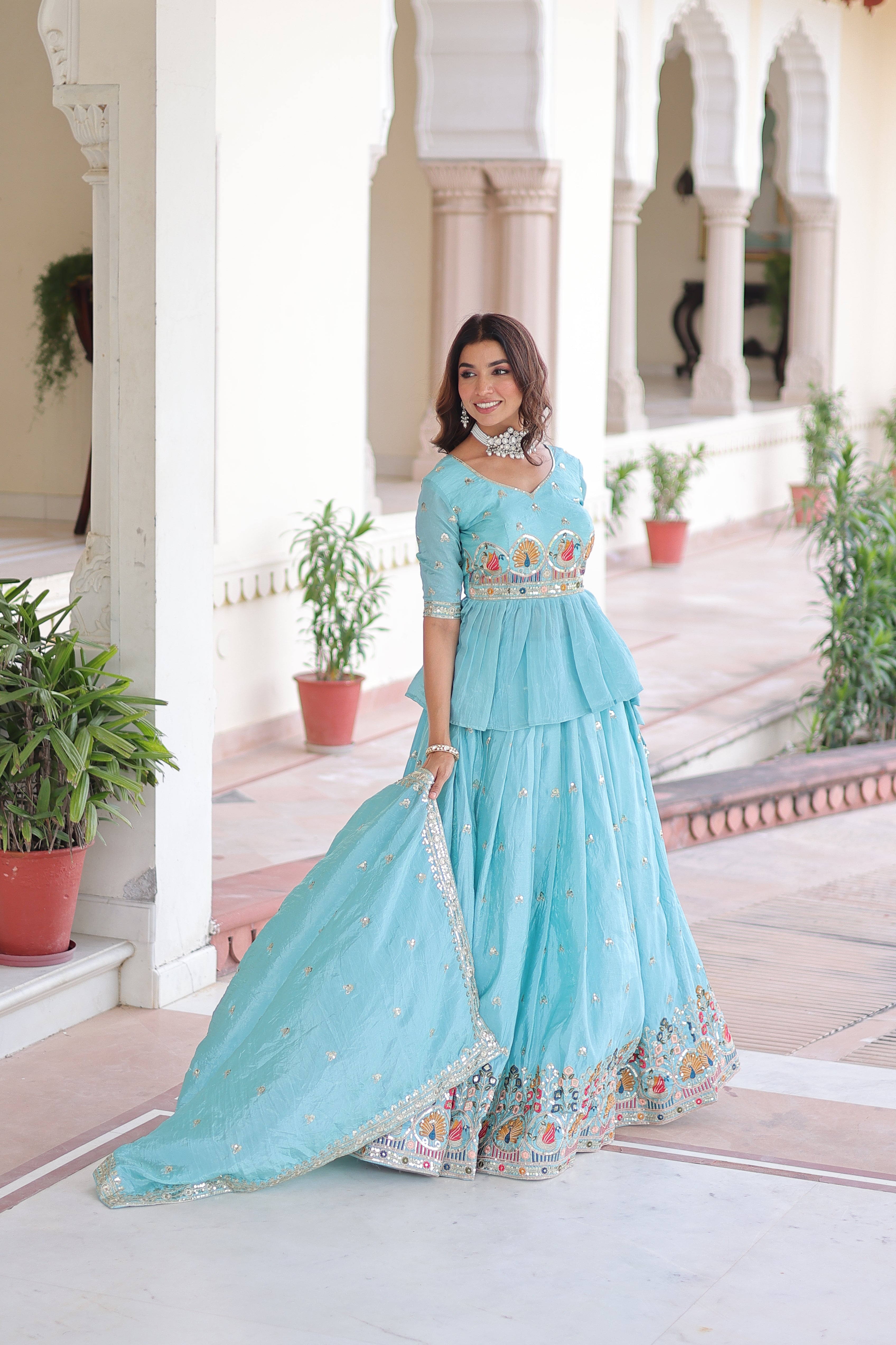 Nimi Sky Blue Gold Crush Embroidery Zari Sequins Work Lehenga Choli