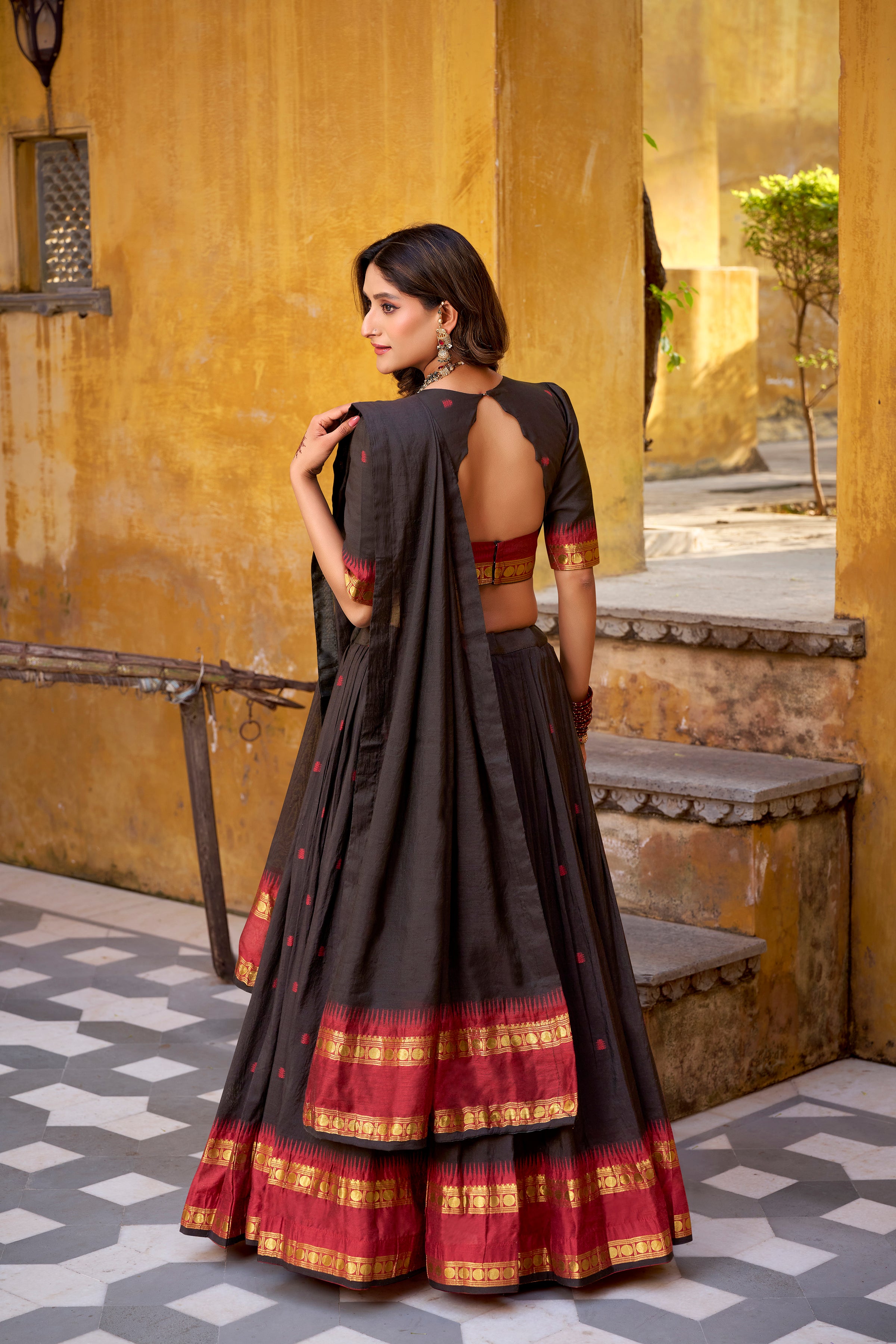 Nitriya Black Color Pure Chanderi Zari Weaving Half Saree Lehenga Choli