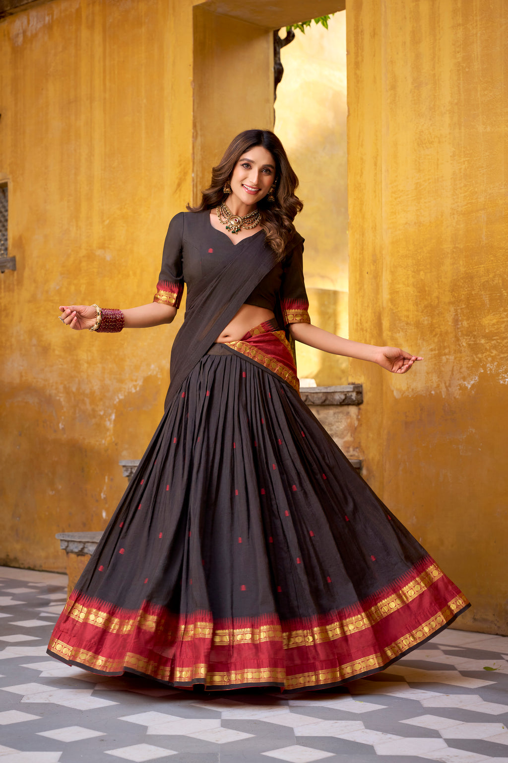 Nitriya Black Color Pure Chanderi Zari Weaving Half Saree Lehenga Choli