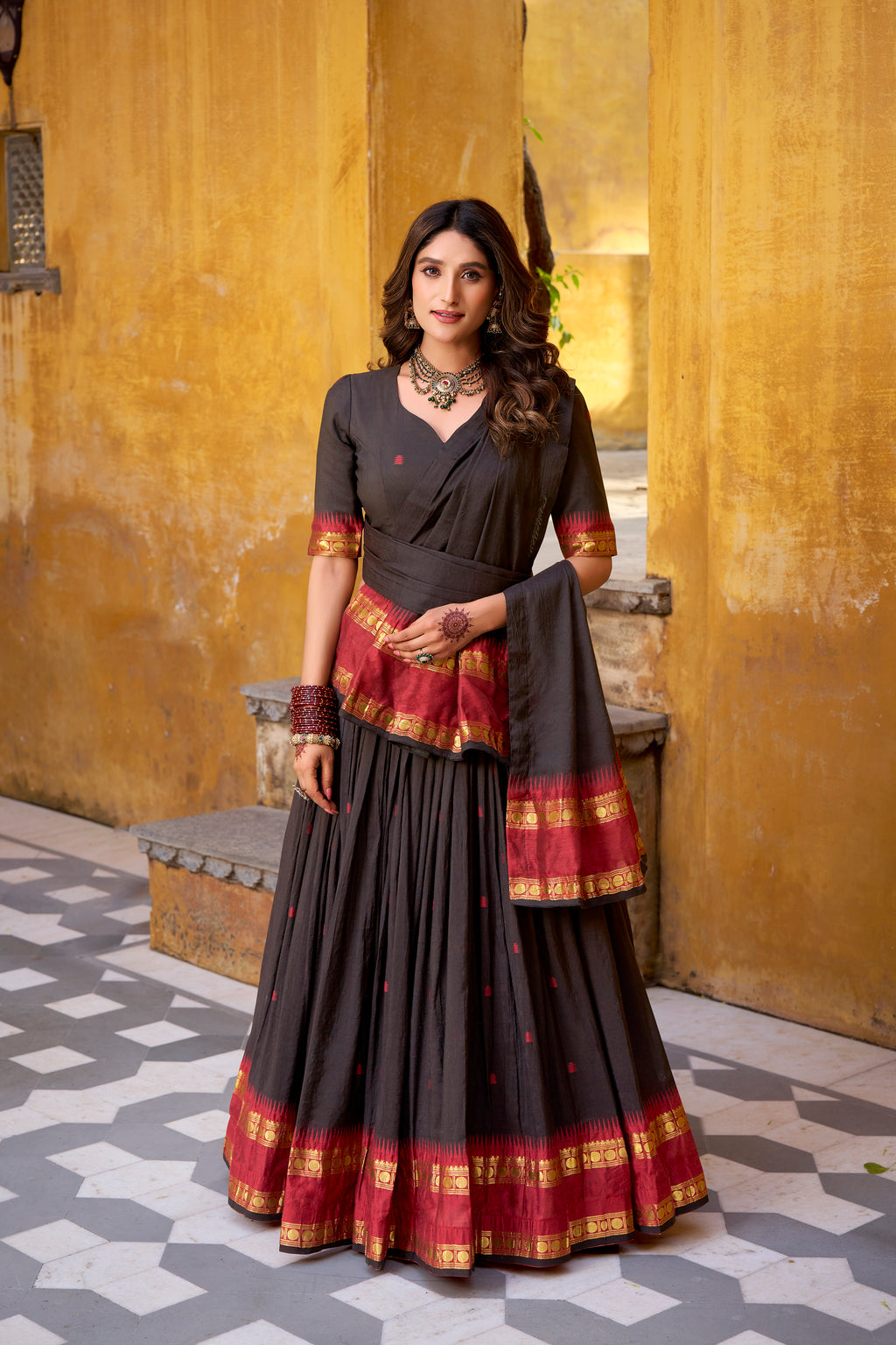 Nitriya Black Color Pure Chanderi Zari Weaving Half Saree Lehenga Choli