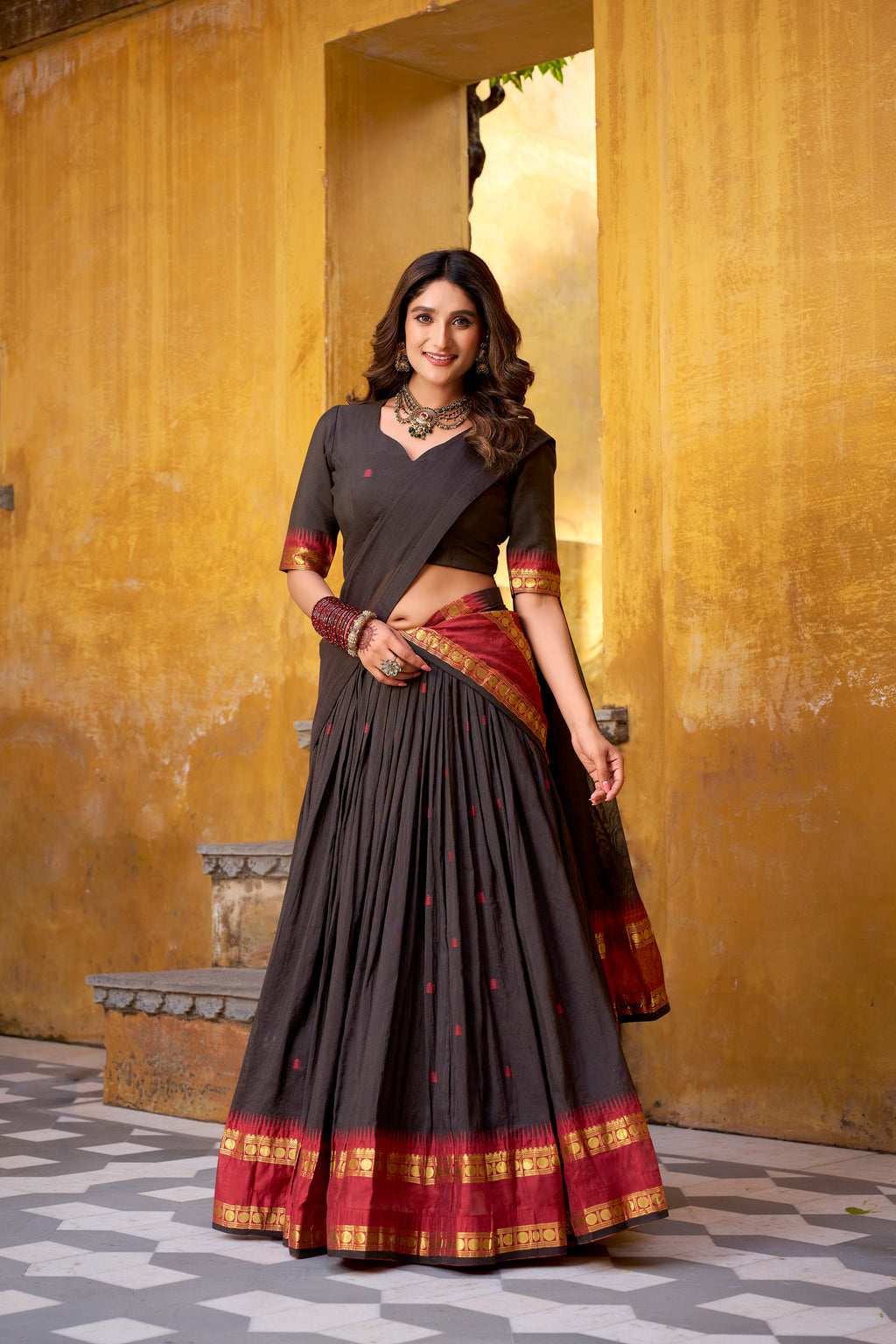 Nitriya Black Color Pure Chanderi Zari Weaving Half Saree Lehenga Choli
