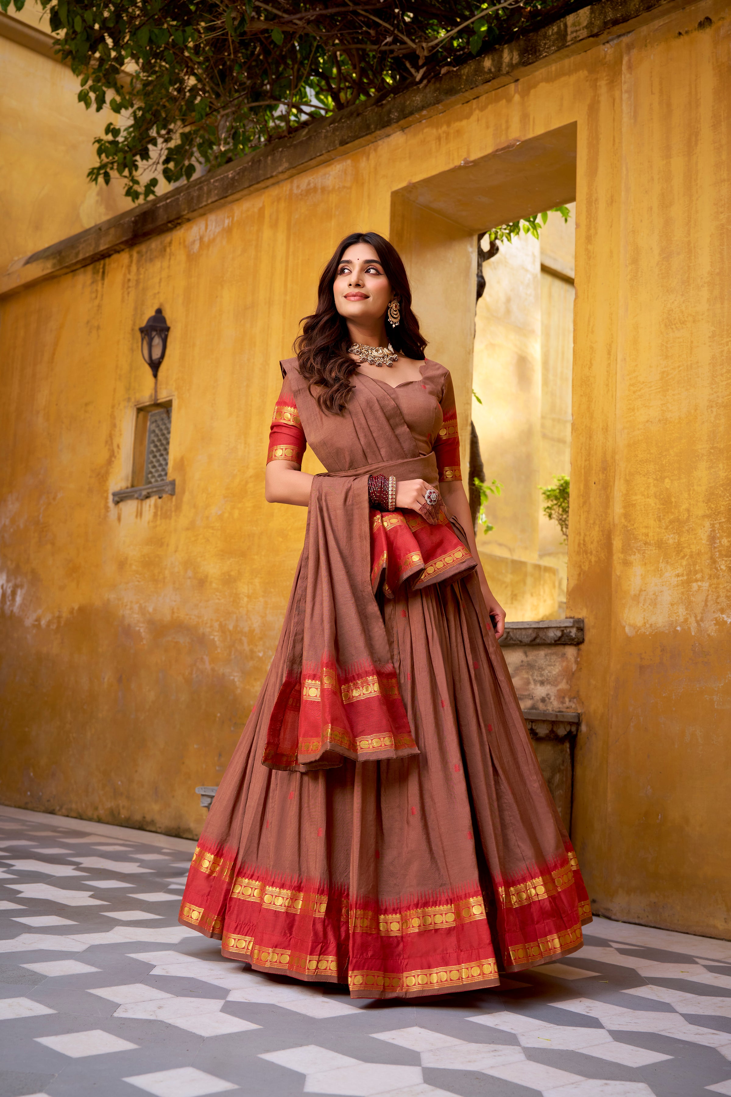 Nitriya Brown Color Pure Chanderi Zari Weaving Half Saree Lehenga Choli
