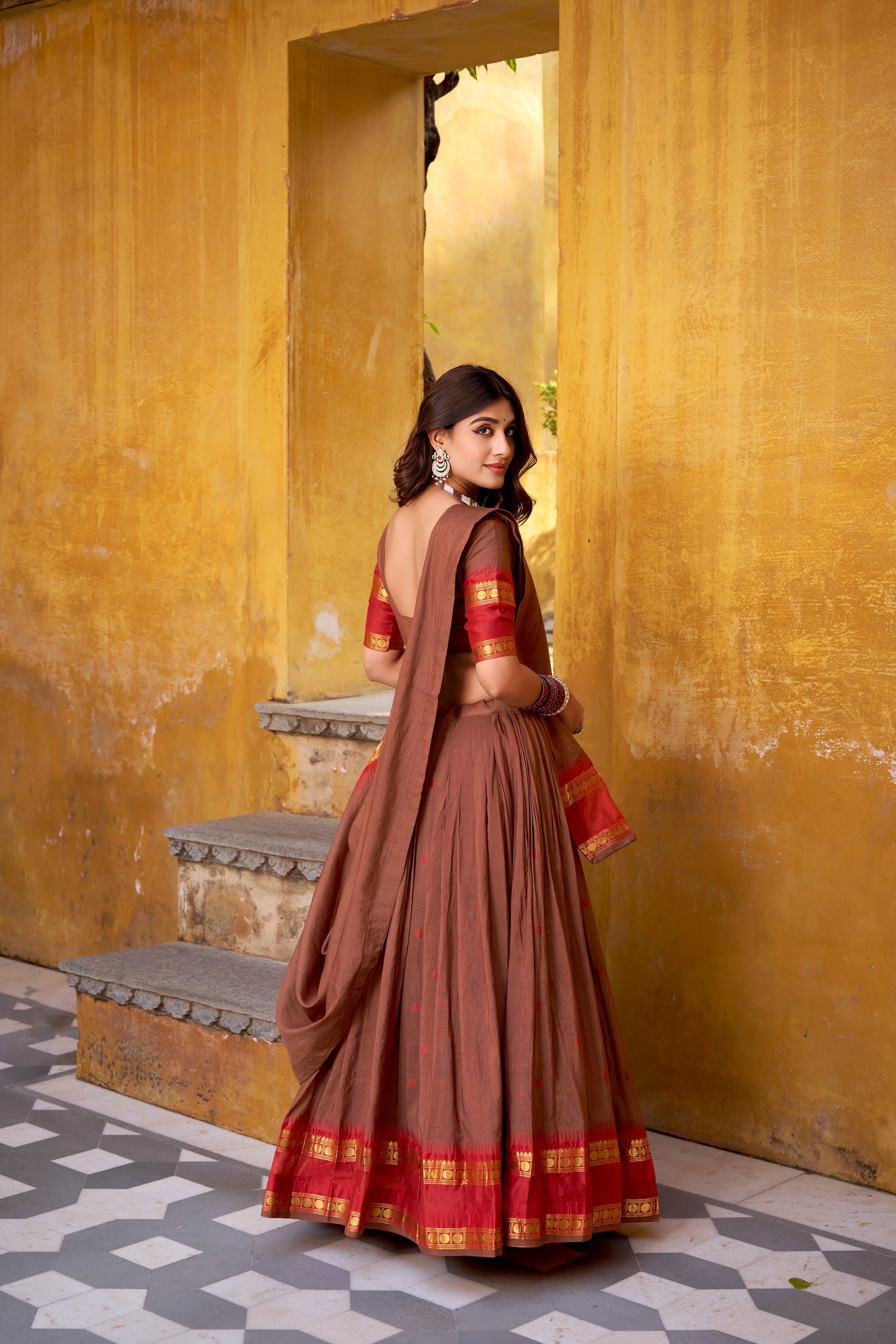 Nitriya Brown Color Pure Chanderi Zari Weaving Half Saree Lehenga Choli