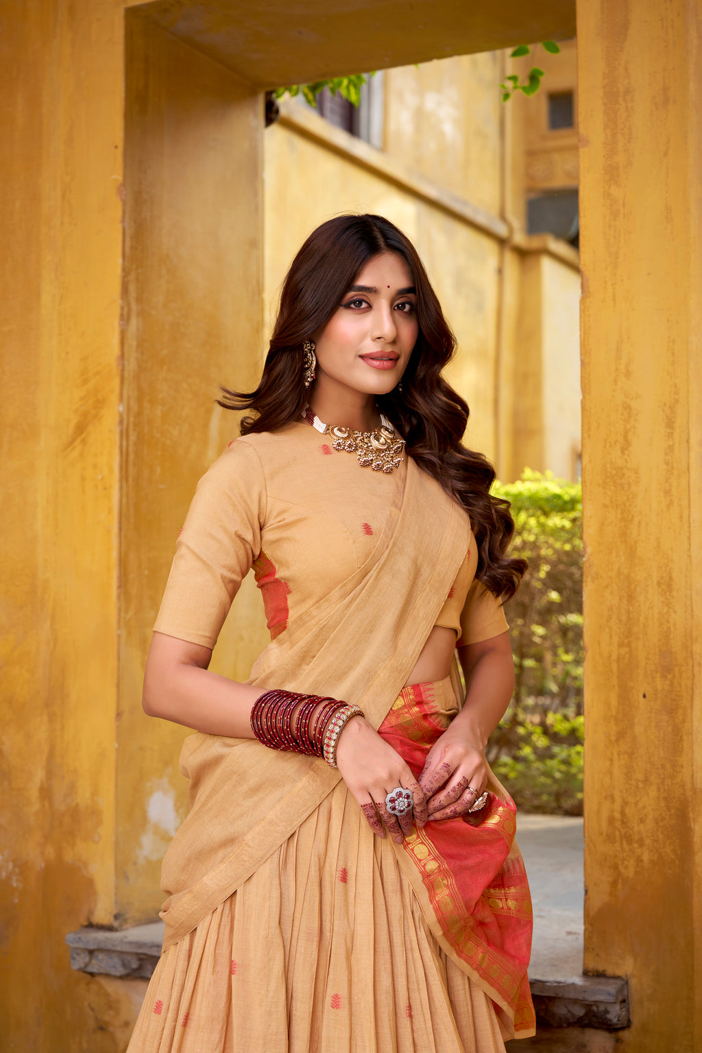 Nitriya Cream Color Pure Chanderi Zari Weaving Half Saree Lehenga Choli