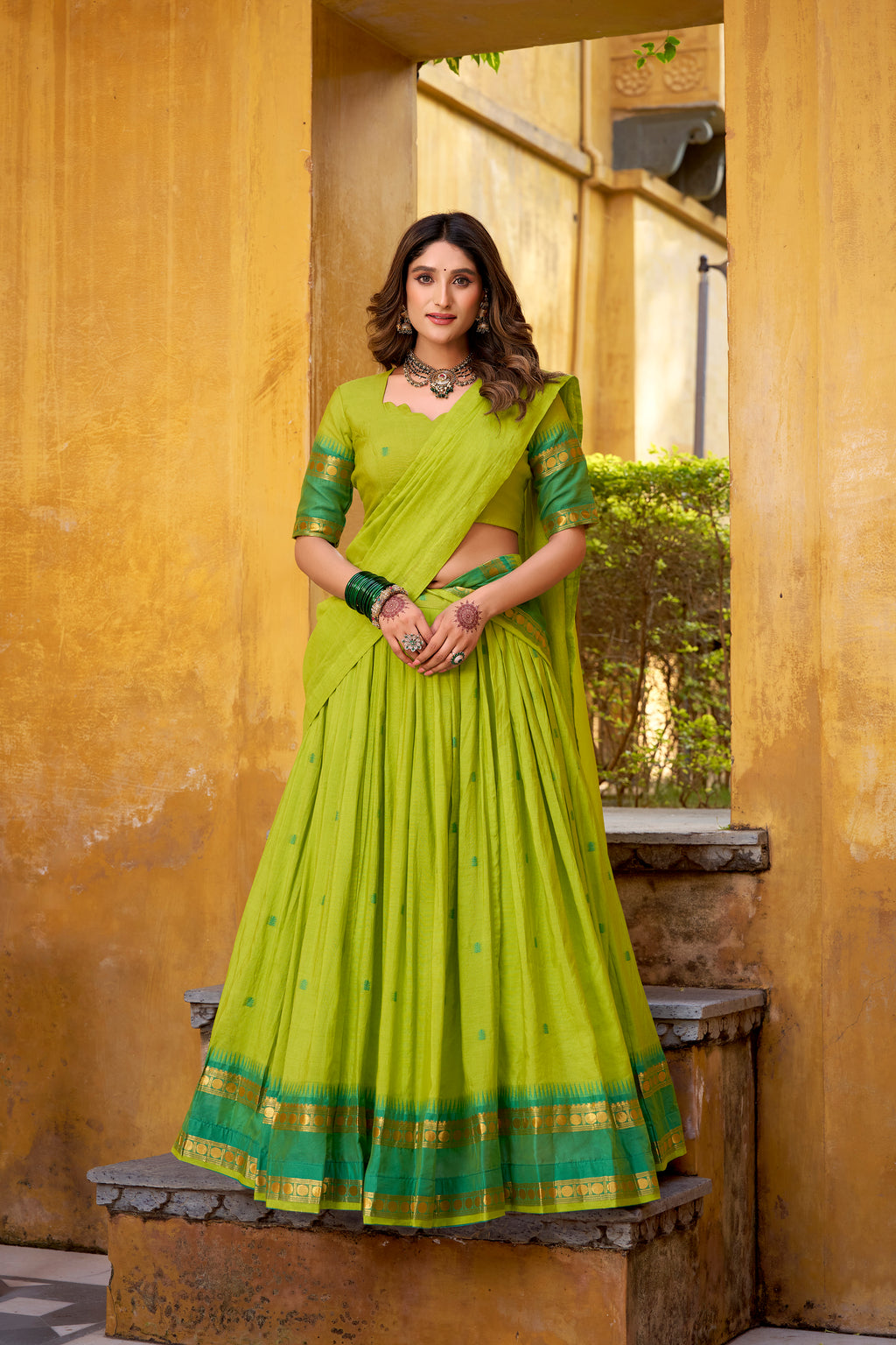 Nitriya Green Color Pure Chanderi Zari Weaving Half Saree Lehenga Choli