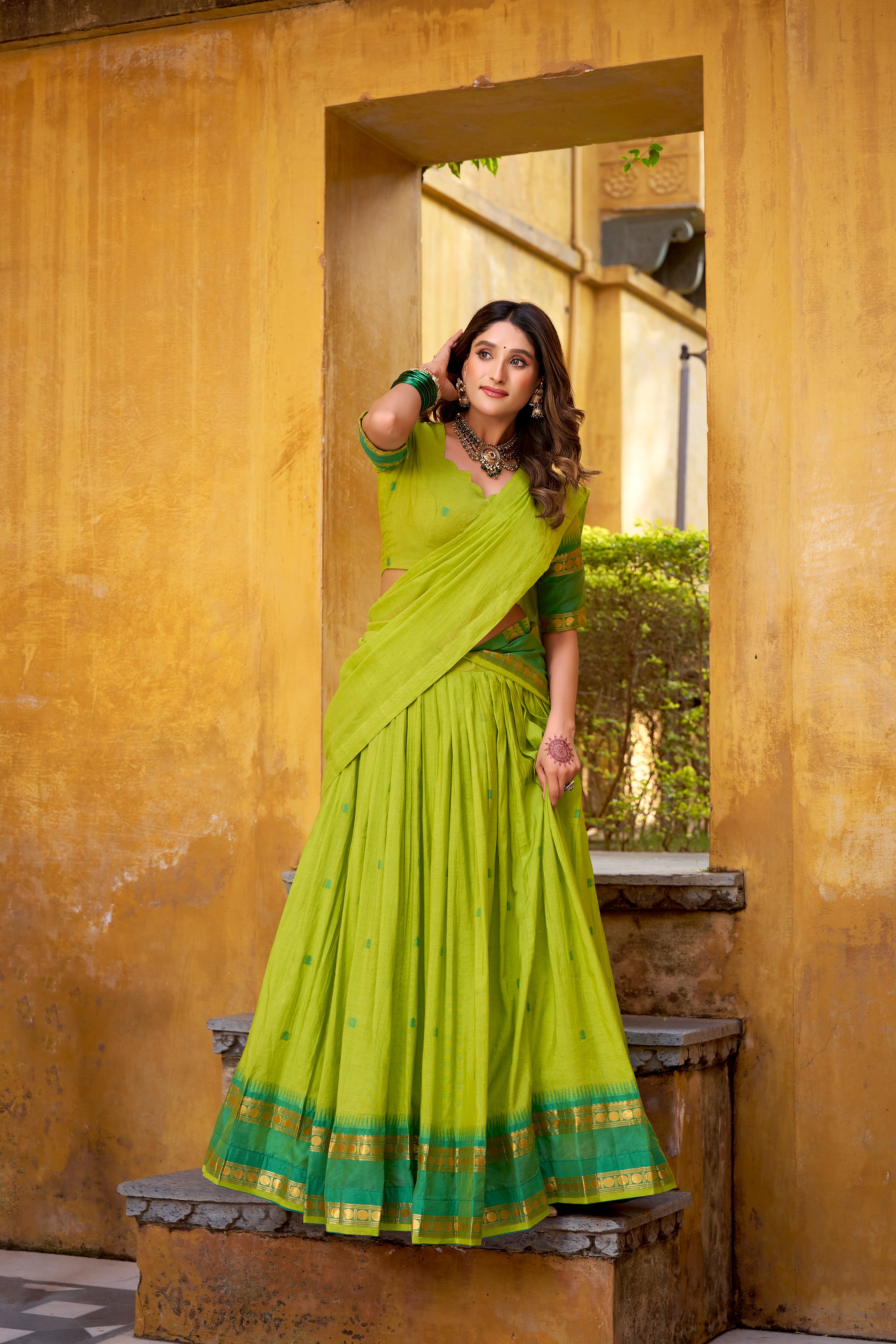 Nitriya Green Color Pure Chanderi Zari Weaving Half Saree Lehenga Choli