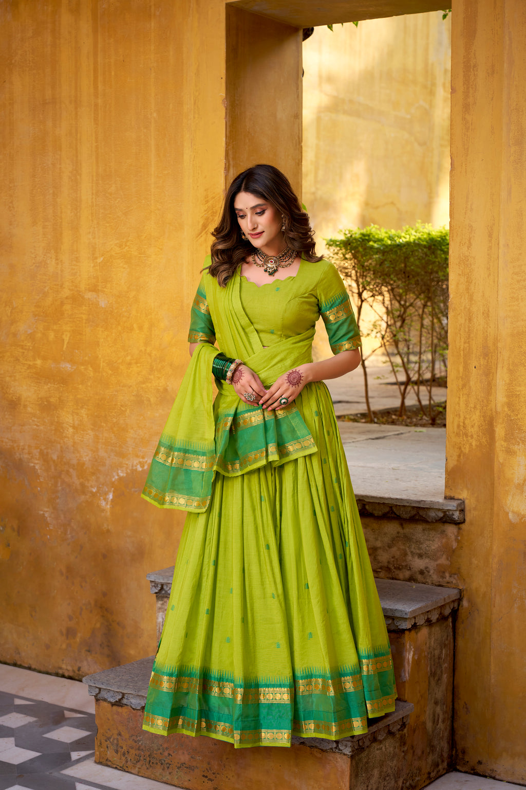 Nitriya Green Color Pure Chanderi Zari Weaving Half Saree Lehenga Choli