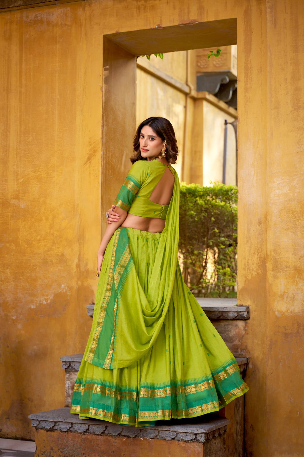 Nitriya Green Color Pure Chanderi Zari Weaving Half Saree Lehenga Choli