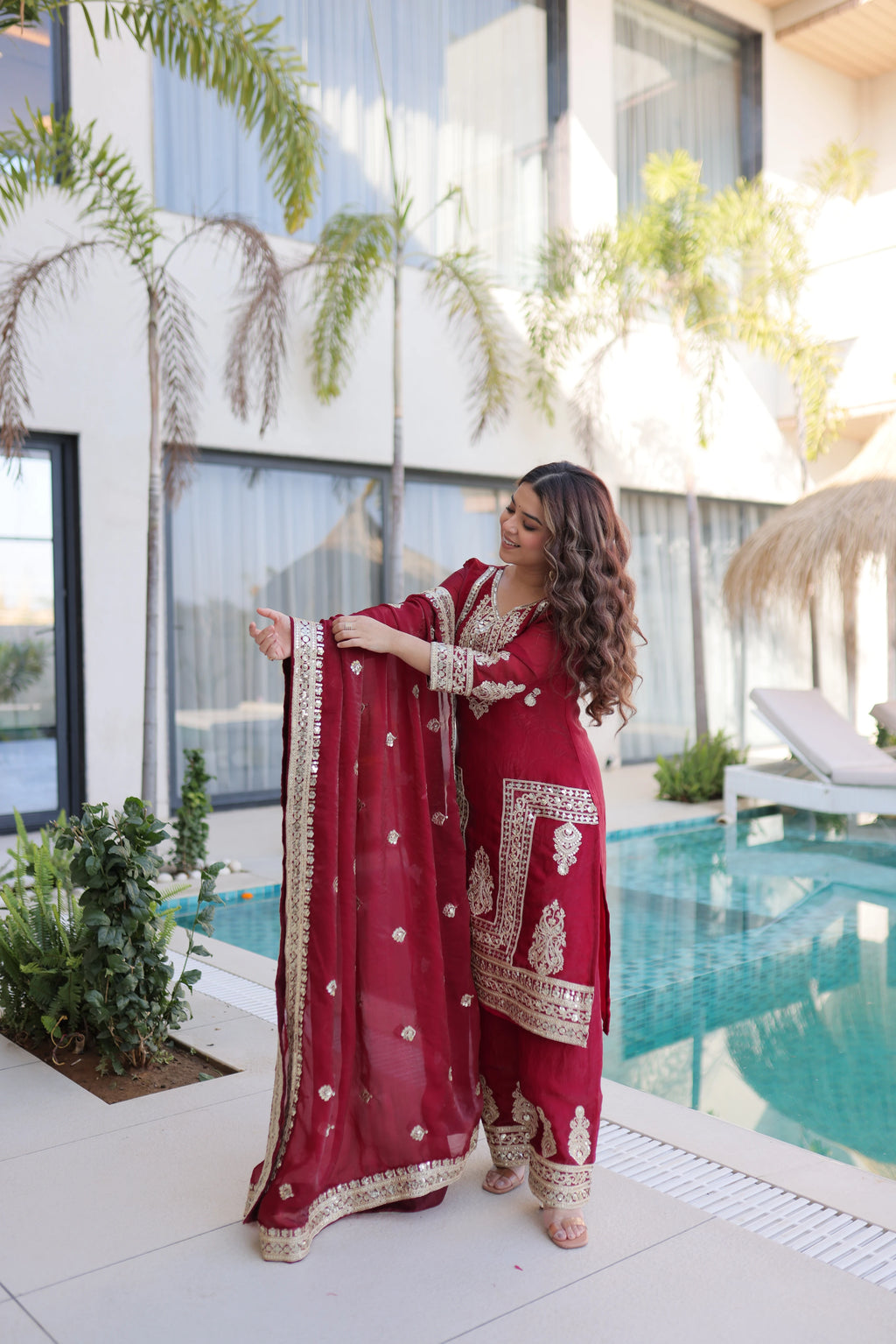 Nysika Maroon Color Fendi Silk Coding Sequins Embroidered Work Kurti Set