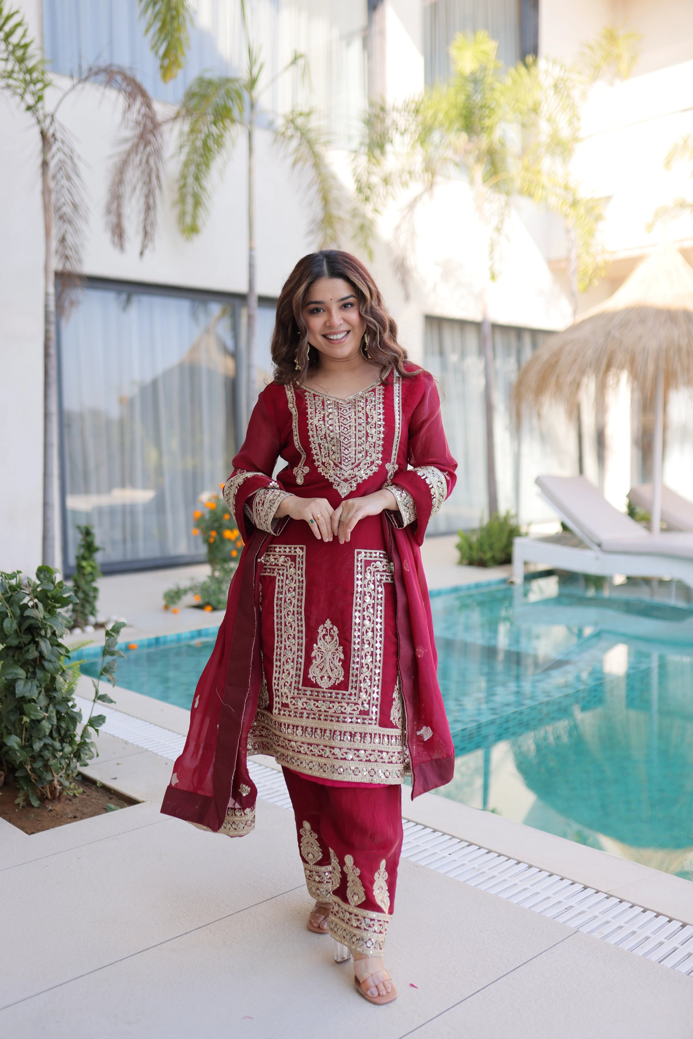 Nysika Maroon Color Fendi Silk Coding Sequins Embroidered Work Kurti Set