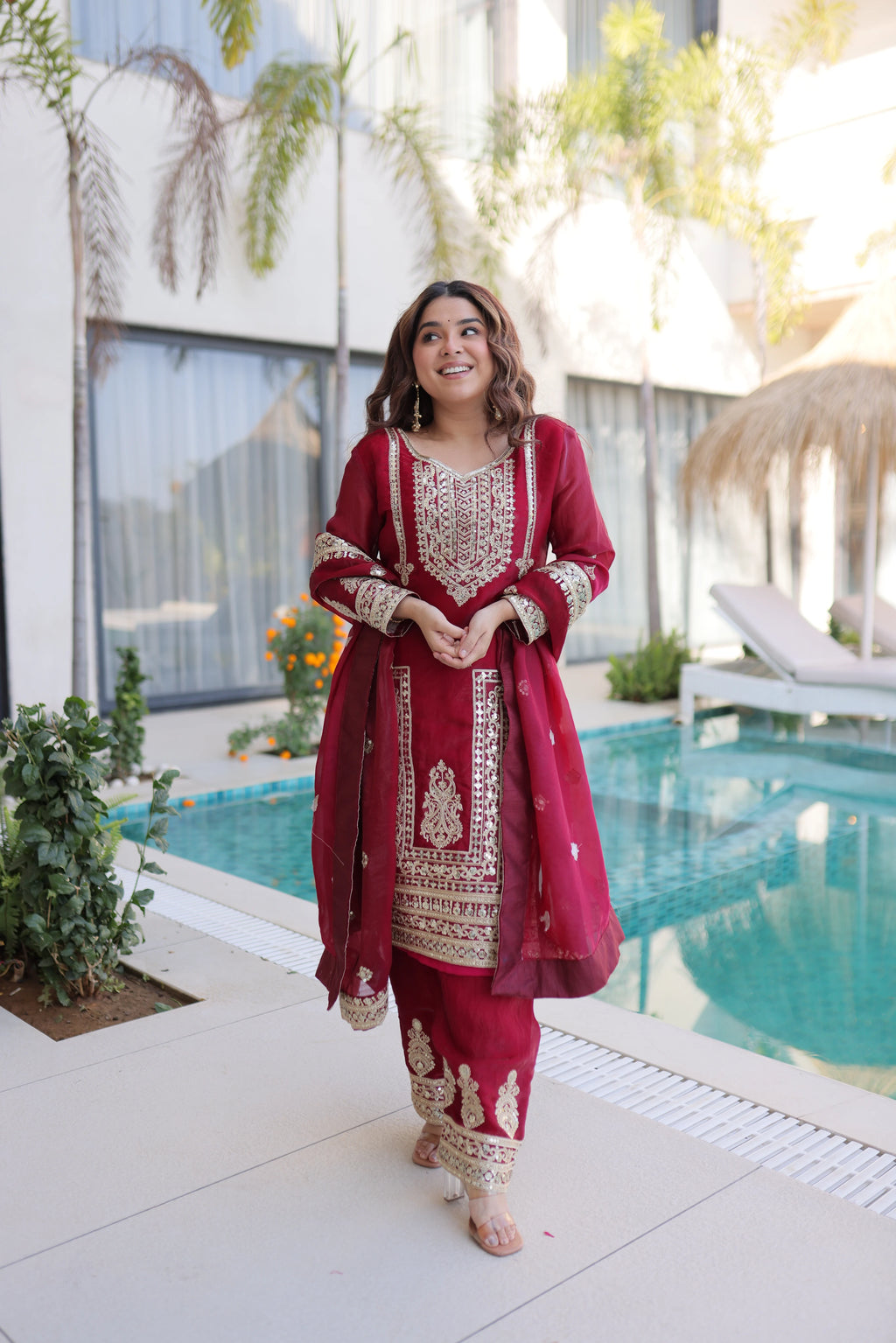 Nysika Maroon Color Fendi Silk Coding Sequins Embroidered Work Kurti Set