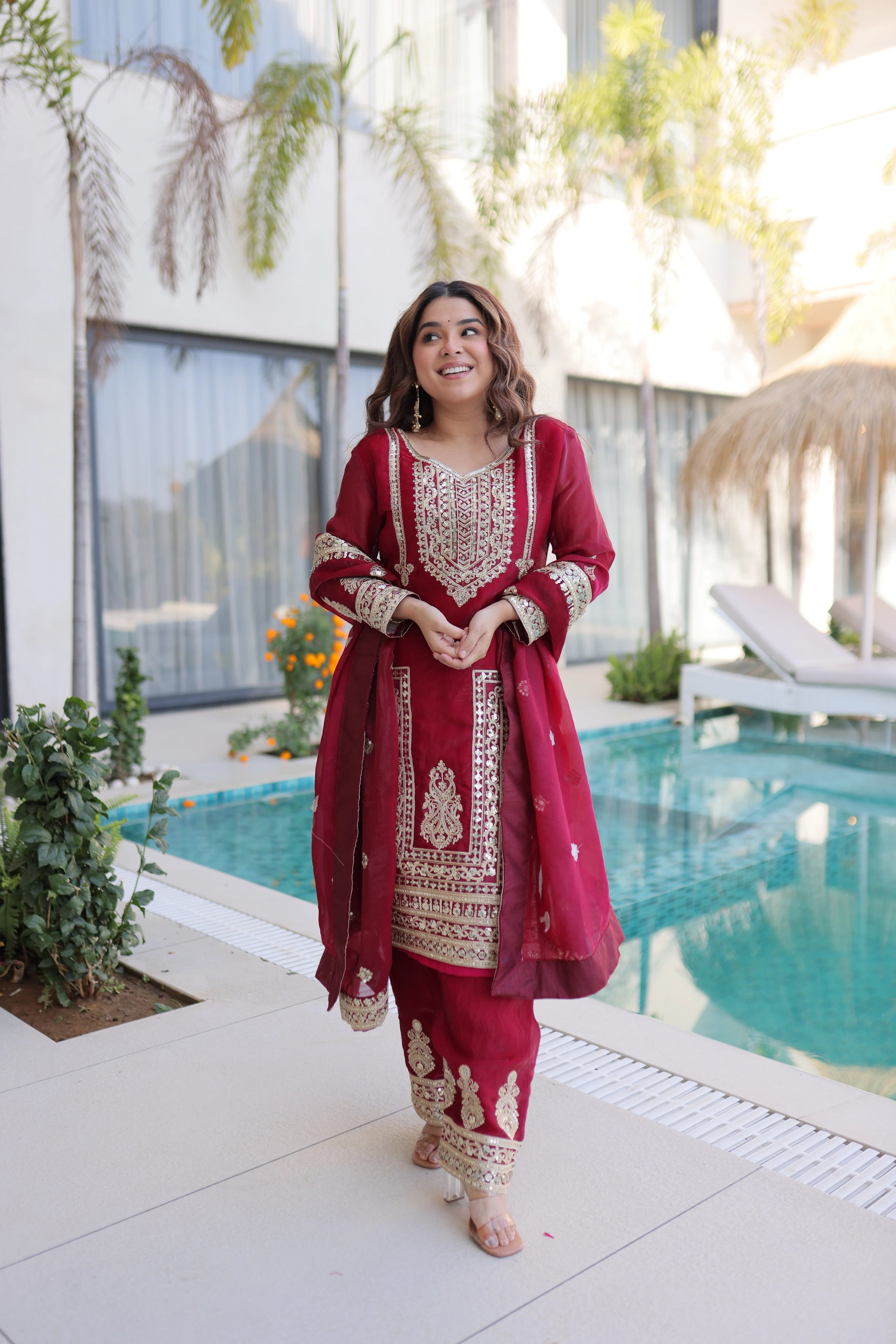 Nysika Maroon Color Fendi Silk Coding Sequins Embroidered Work Kurti Set