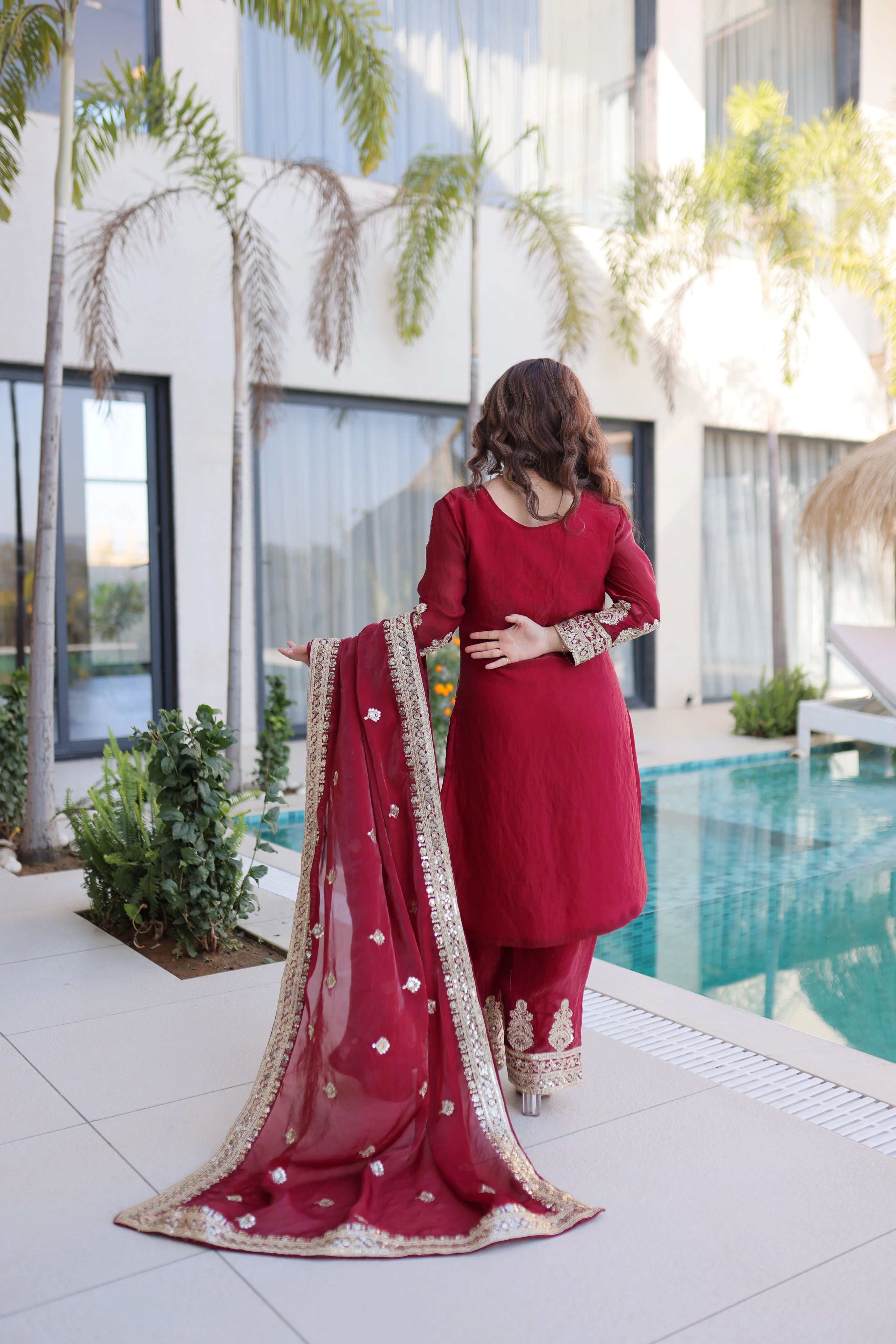 Nysika Maroon Color Fendi Silk Coding Sequins Embroidered Work Kurti Set