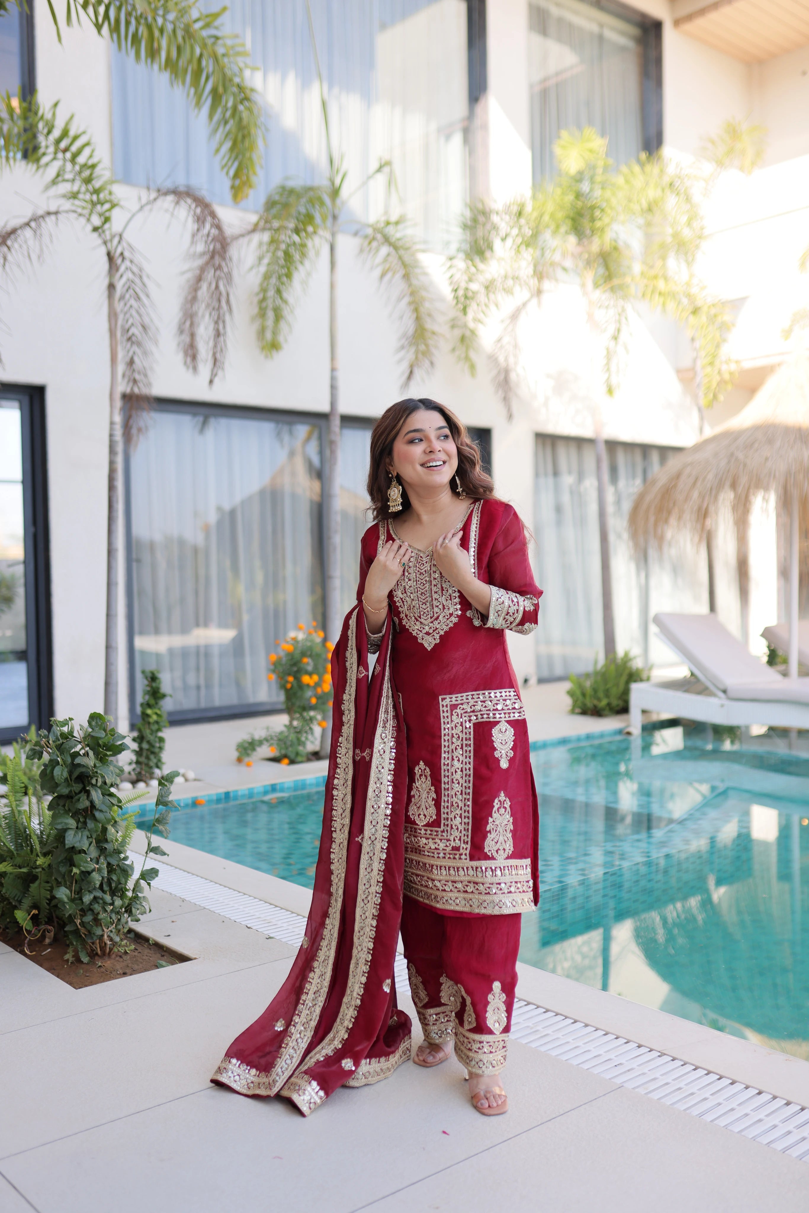 Nysika Maroon Color Fendi Silk Coding Sequins Embroidered Work Kurti Set