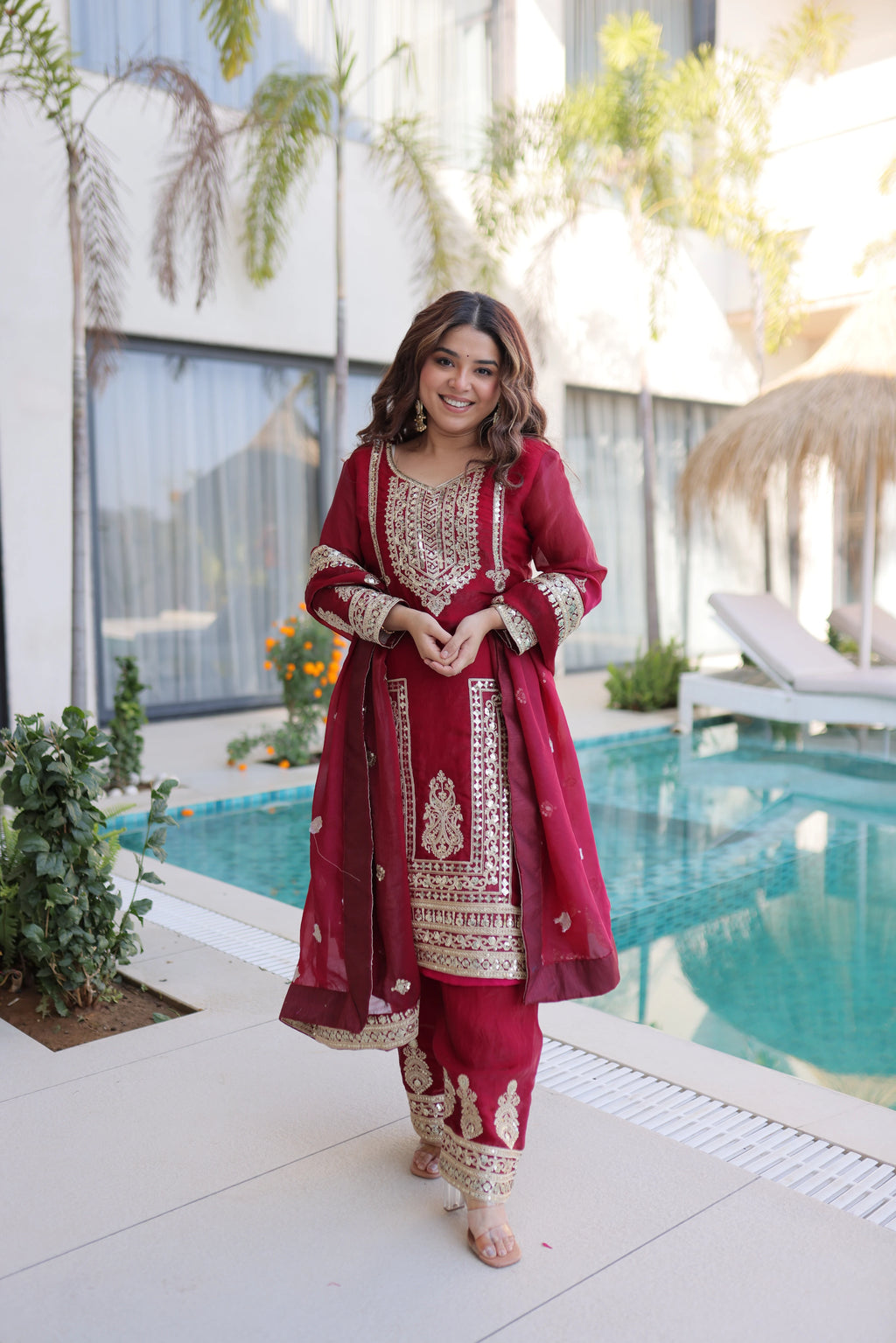 Nysika Maroon Color Fendi Silk Coding Sequins Embroidered Work Kurti Set