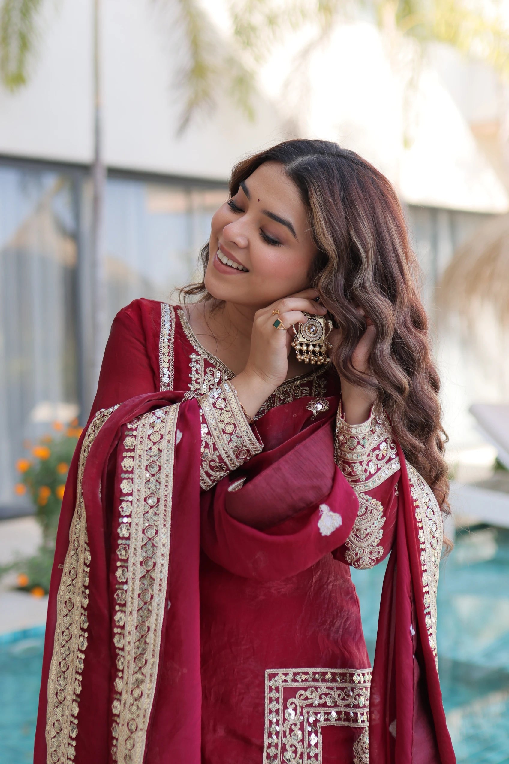 Nysika Maroon Color Fendi Silk Coding Sequins Embroidered Work Kurti Set